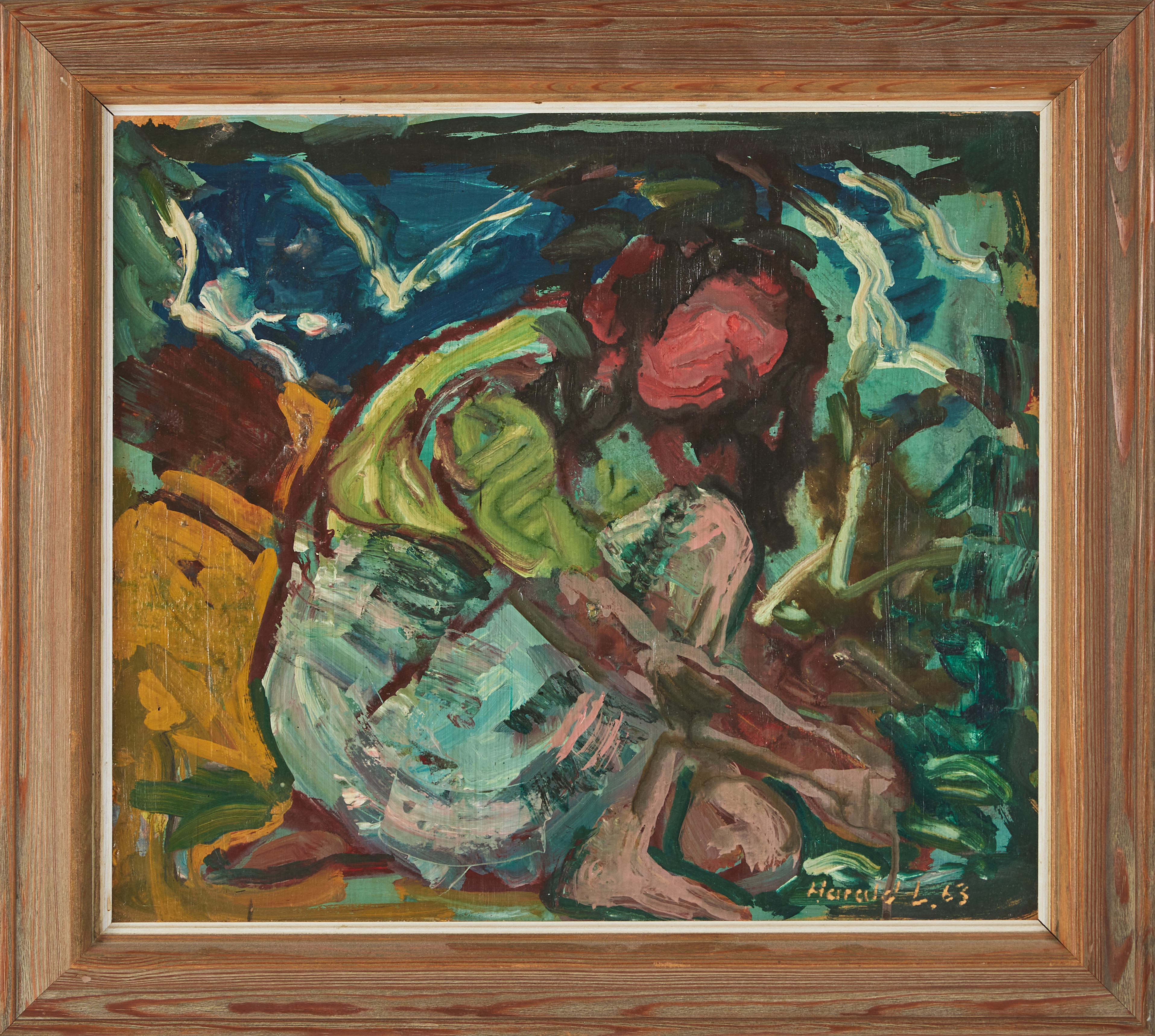 HARALD  LINDBERG. Sittande figur, olja på pannå, signerad Harald L, -63.