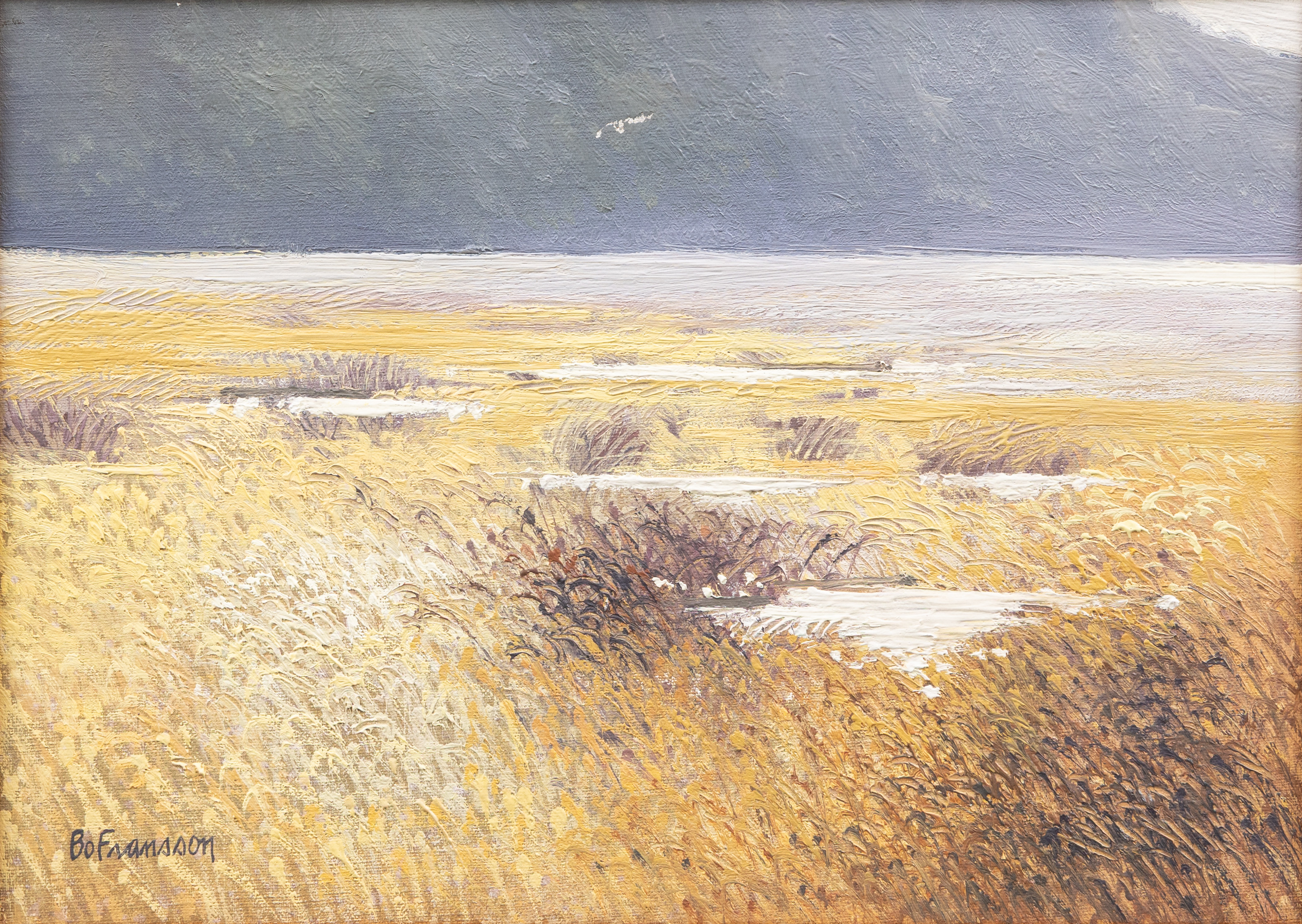 BO FRANSSON. Kustlandskap med flygande fågel, olja på duk, signerad.