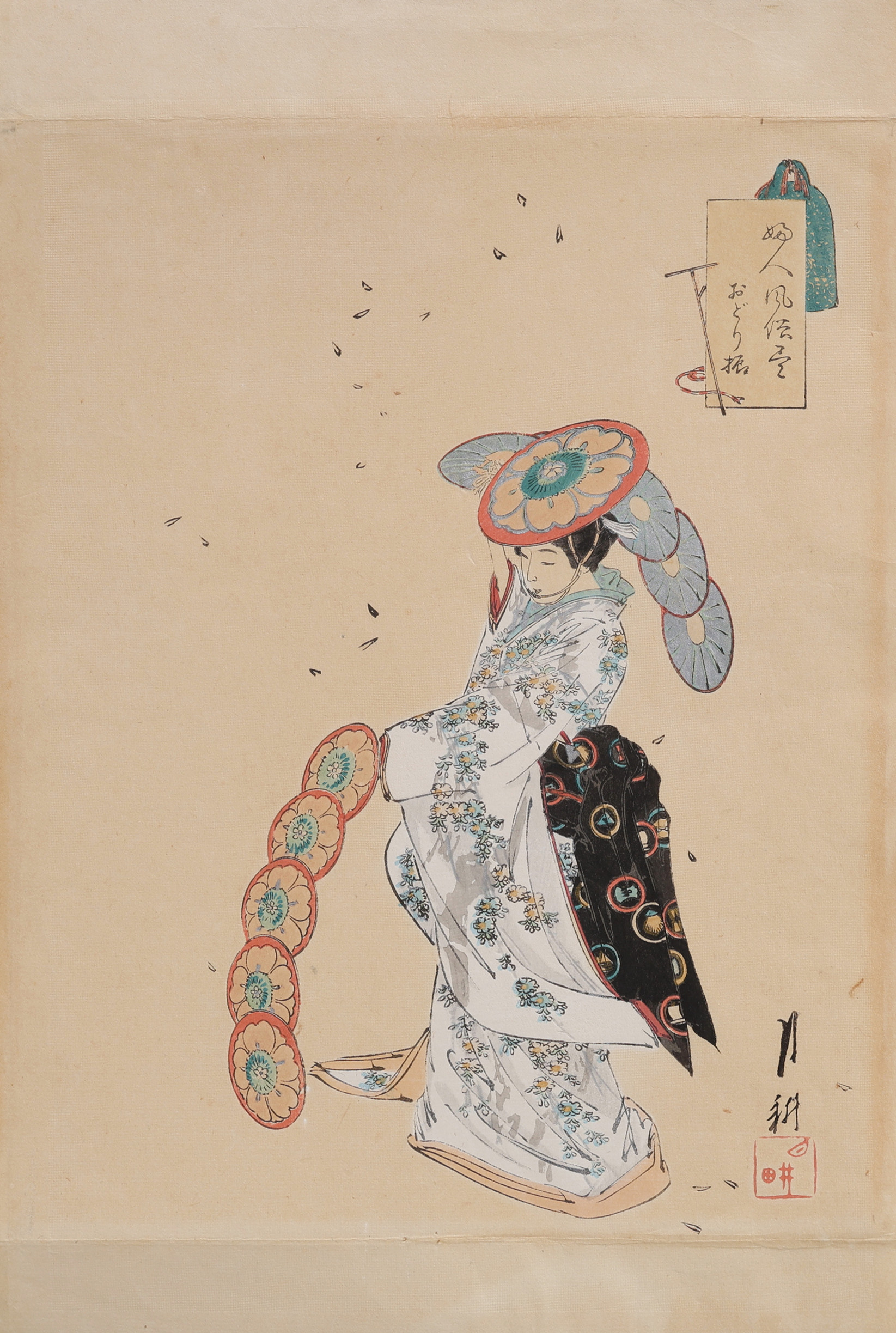 OGATA GEKKO 1859-1920. TRÄSNITT MED METALLPIGMENT, ODORI-BURI/DANSERSKA UR "FUJIN FUZOKU ZUKUSHI", 1891.