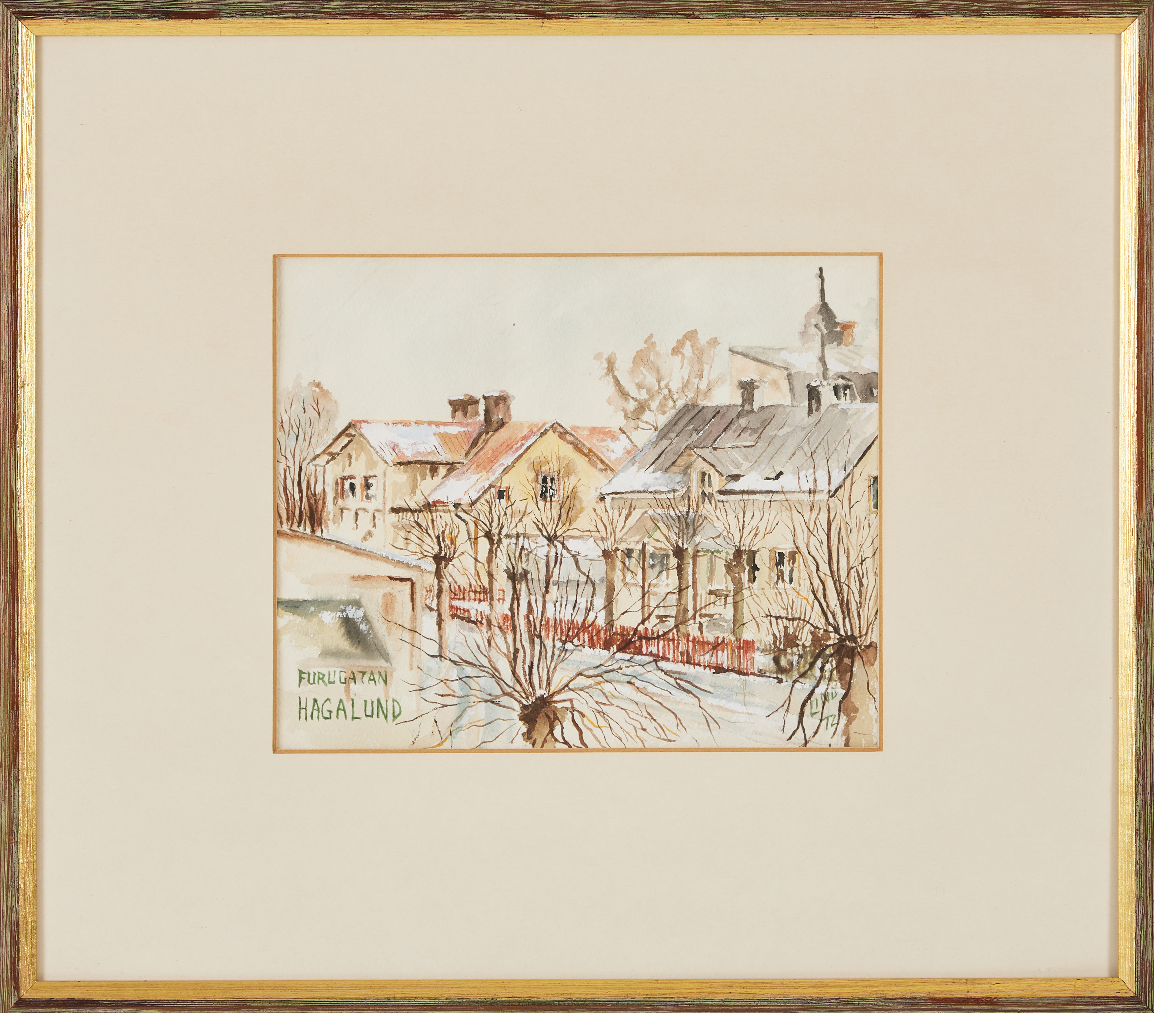 FOLKE "MASSA" LIND (1911-1998). "Furugatan Hagalund", blandteknik på papper.