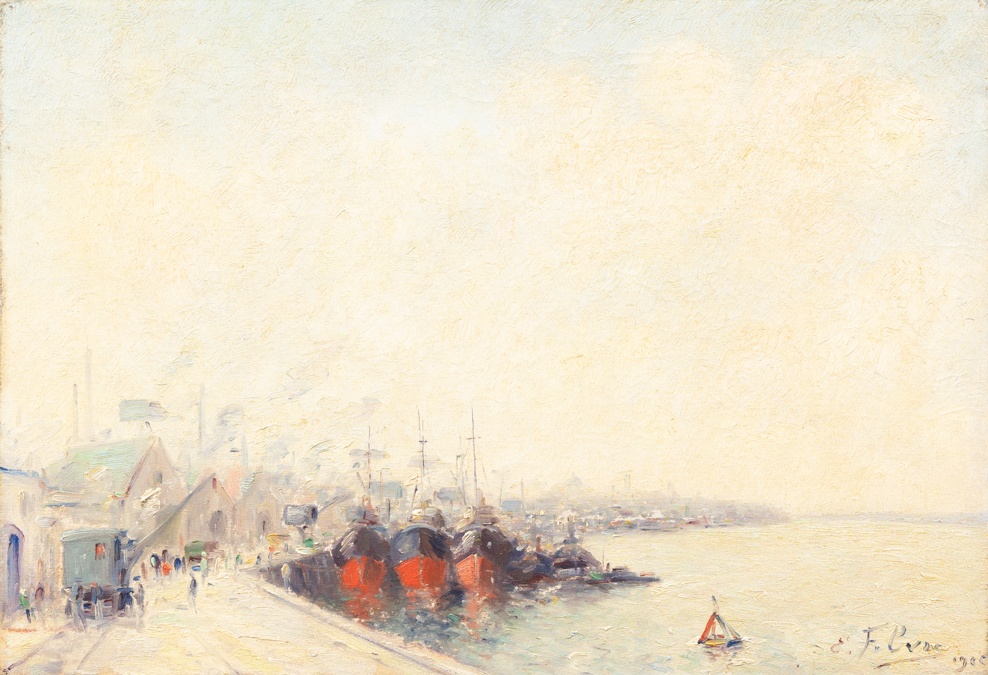 OIDENTIFIERAD KONSTNÄR. Hamnmotiv, olja på duk, otydligt signerad E F ...... och daterad troligen 1900.