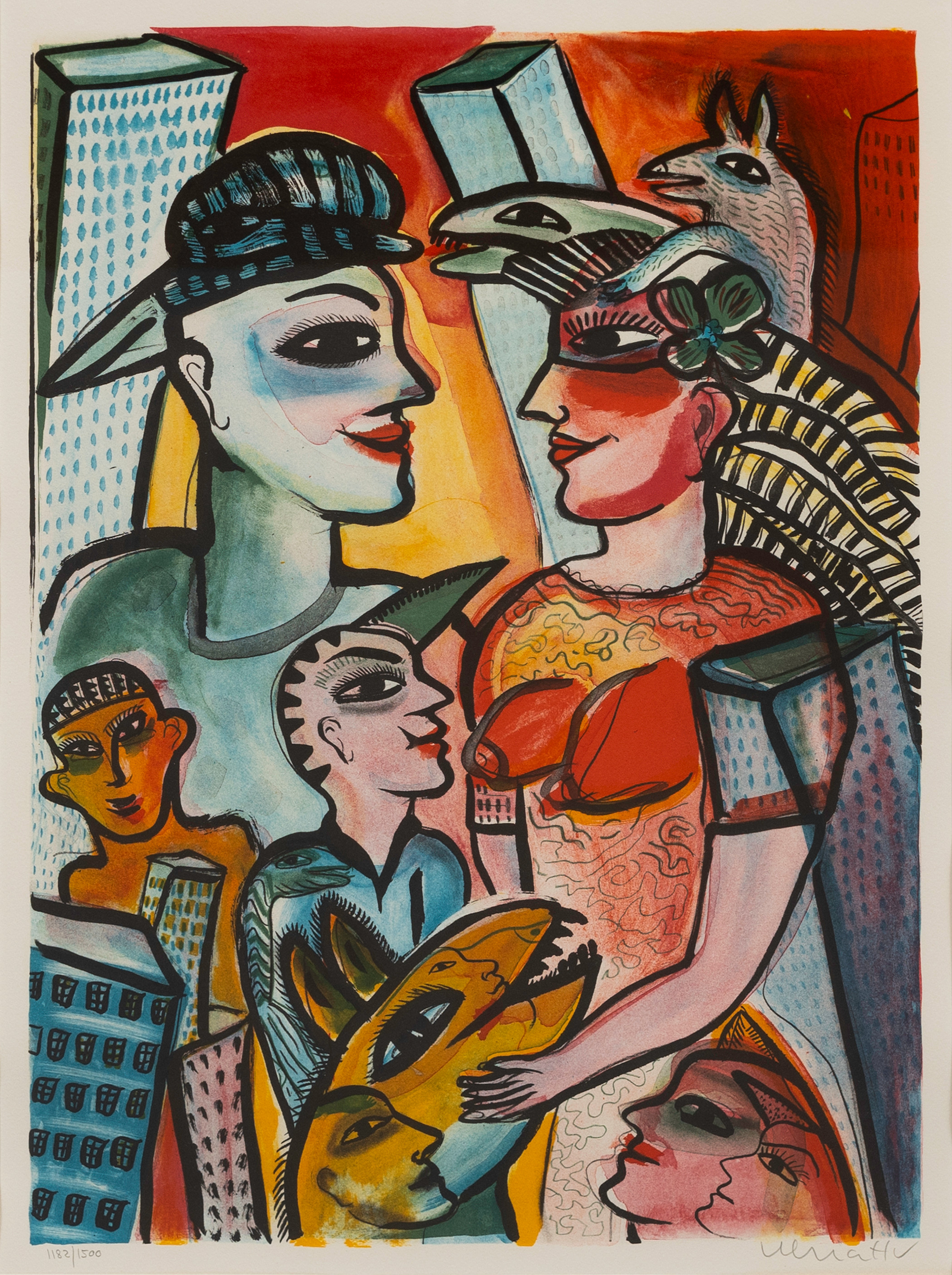 ULRICA HYDMAN-VALLIEN. Komposition, med figurer och hus, färglitografi, signerad samt numrerad 1182/1500.