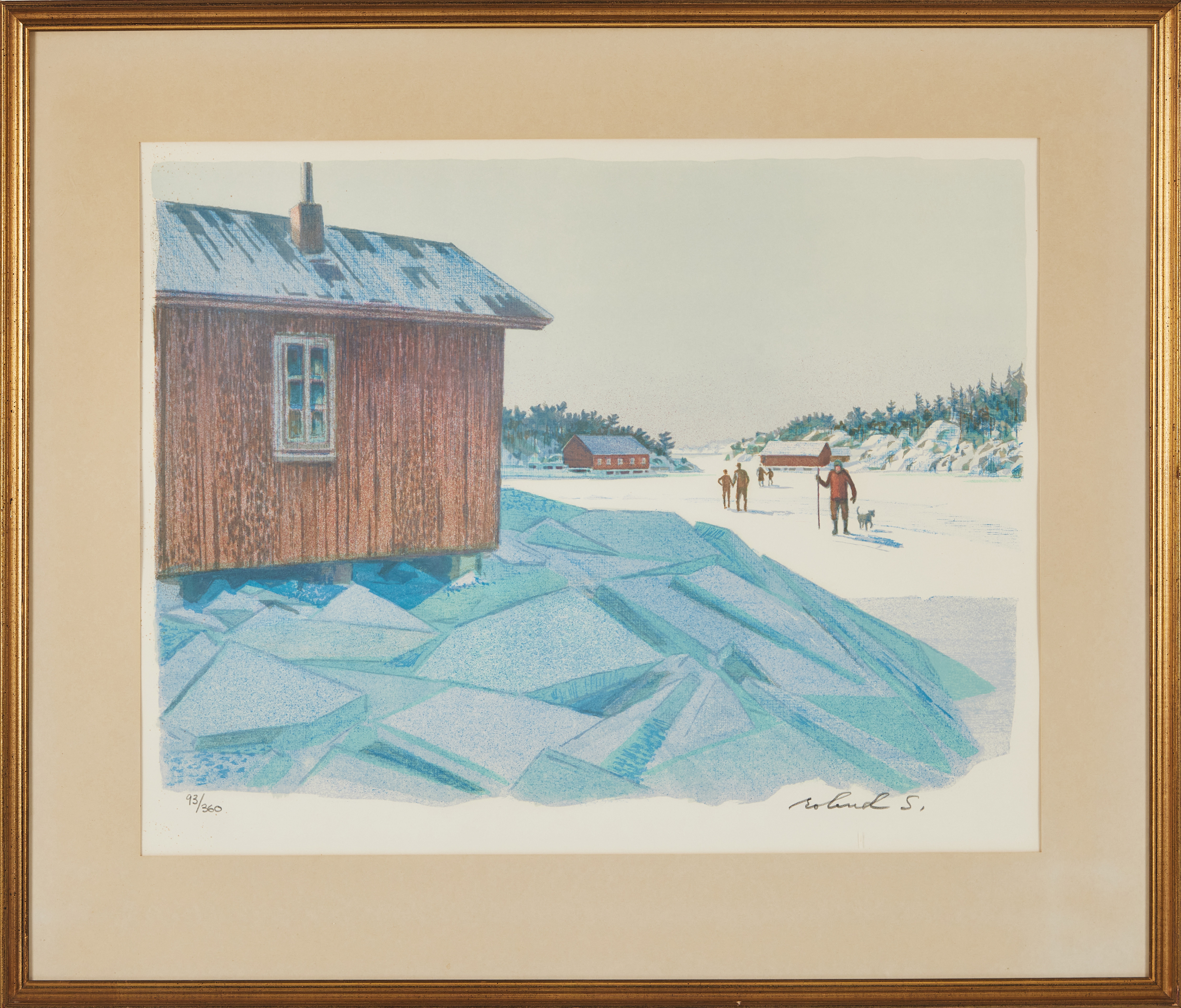 ROLAND SVENSSON. "Söndag på isen, Möja", färglitografi.