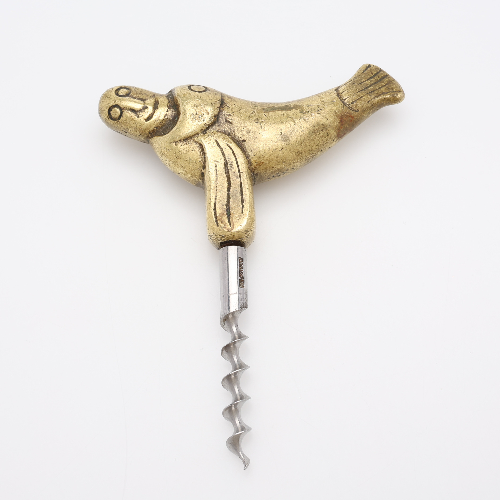 KORKSKRUV, Jona och valfisken, mässing med stålskruv märkt Heljestrand, 1930/40-tal.