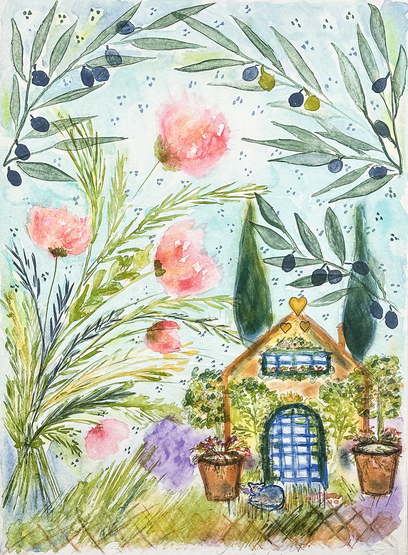 LENA LINDERHOLM. FÄRGLITOGRAFI, "Blommor & Hus", PT, signerad.