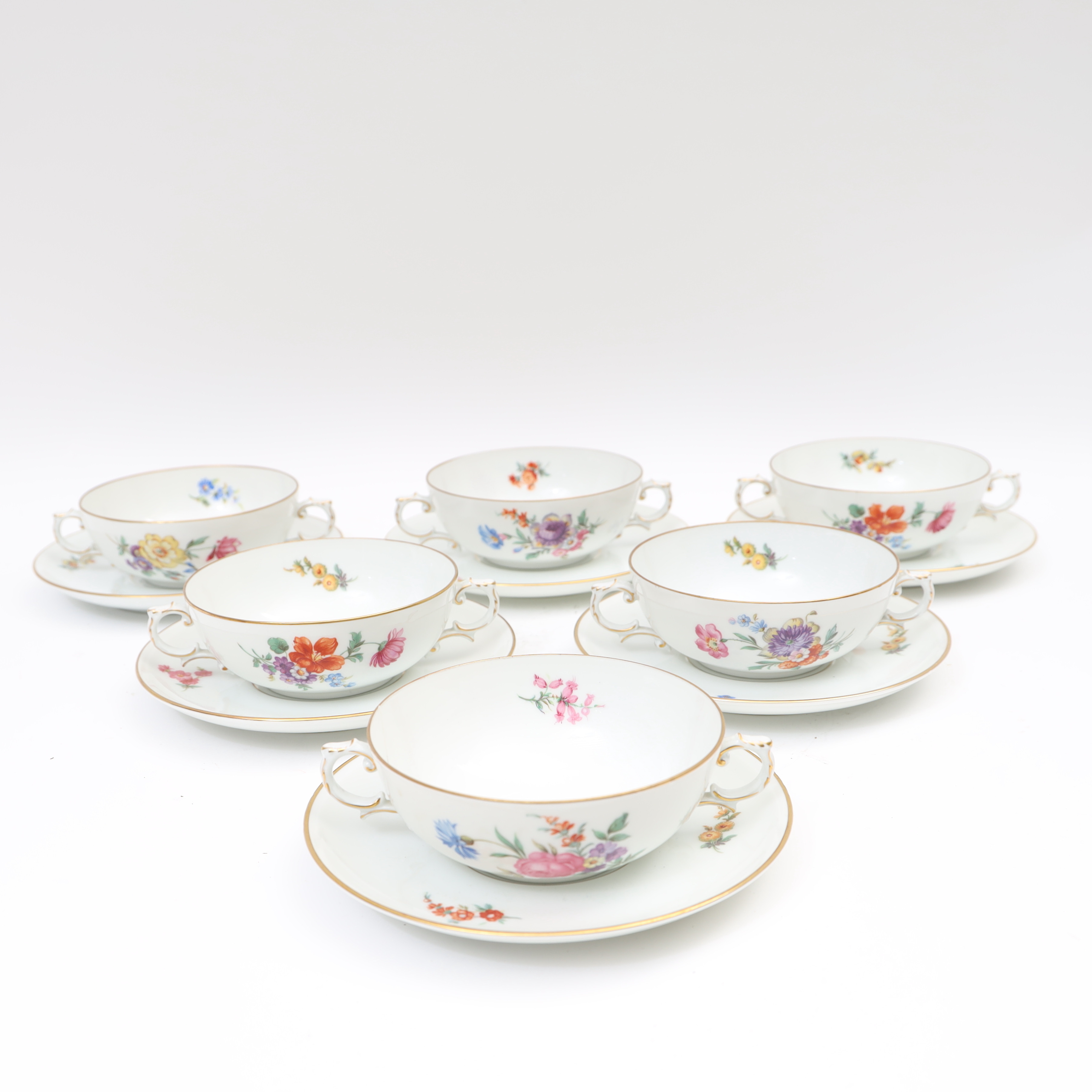 BULJONGKOPPAR 6st, Fürstenberg, handmålad blomdekor och förgyllning.