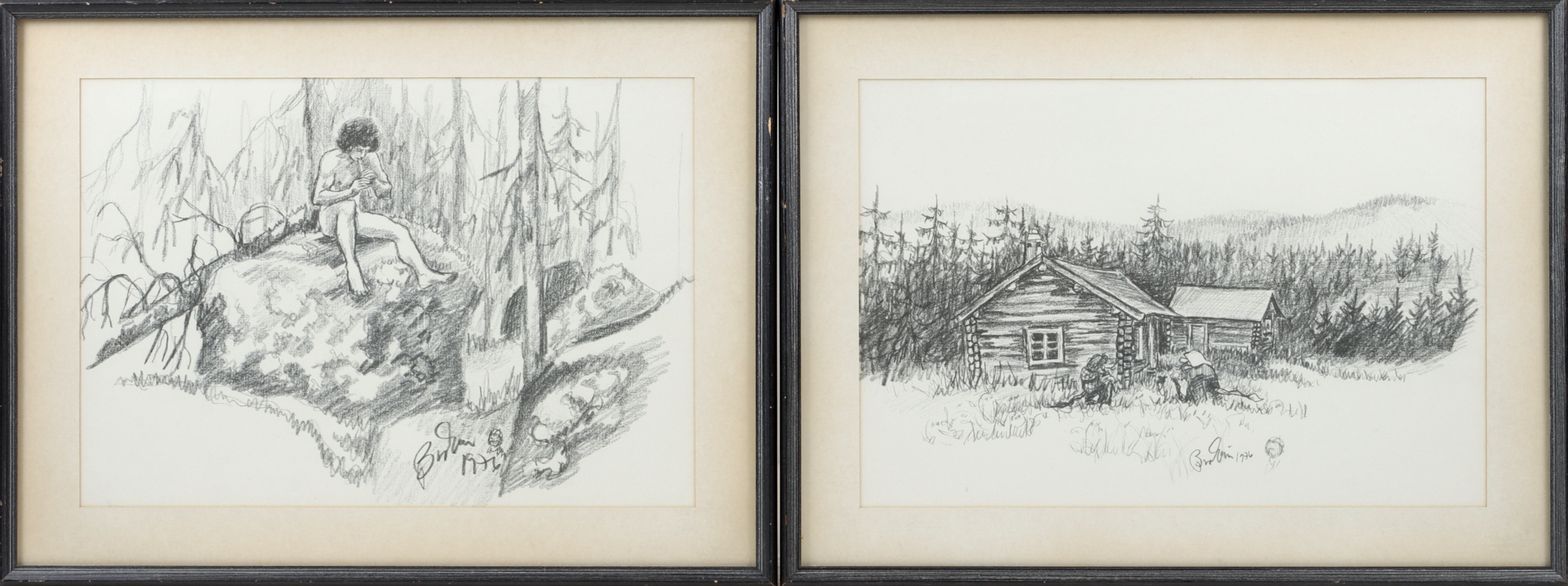 BROR-ERIC BERGQVIST. Näcken, och torp i landskap, 2 blyertsteckningar. signerade och daterade 76.