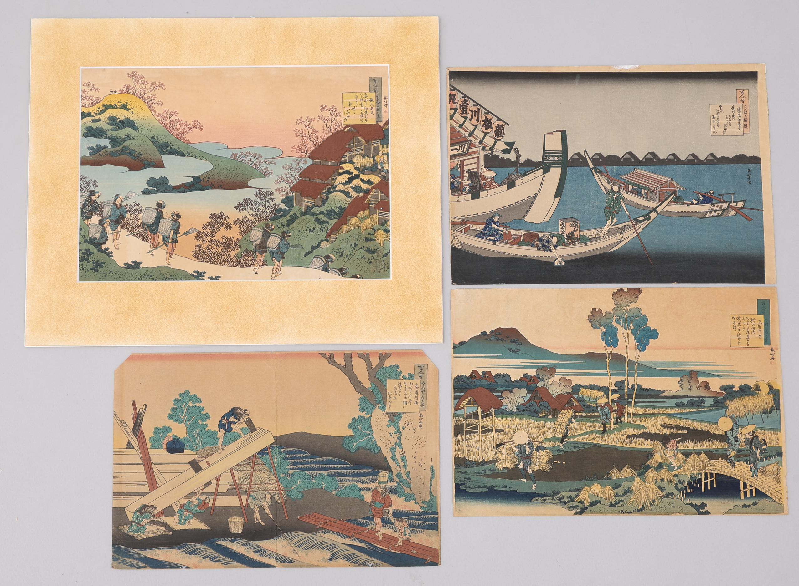 KATSUSHIKA HOKUSAI 1760-1849. EFTER. FYRA TRÄSNITT, UKIYO-E, KOPIA EFTER "TENJI TENNO", "SARUMARU DAIYŪ", "KIYOHARA NO FUKYABU" OCH "HARUMICHI NO TSURAKI" UR "HYAKUNIN ISSHU UBA GA ETOKI".