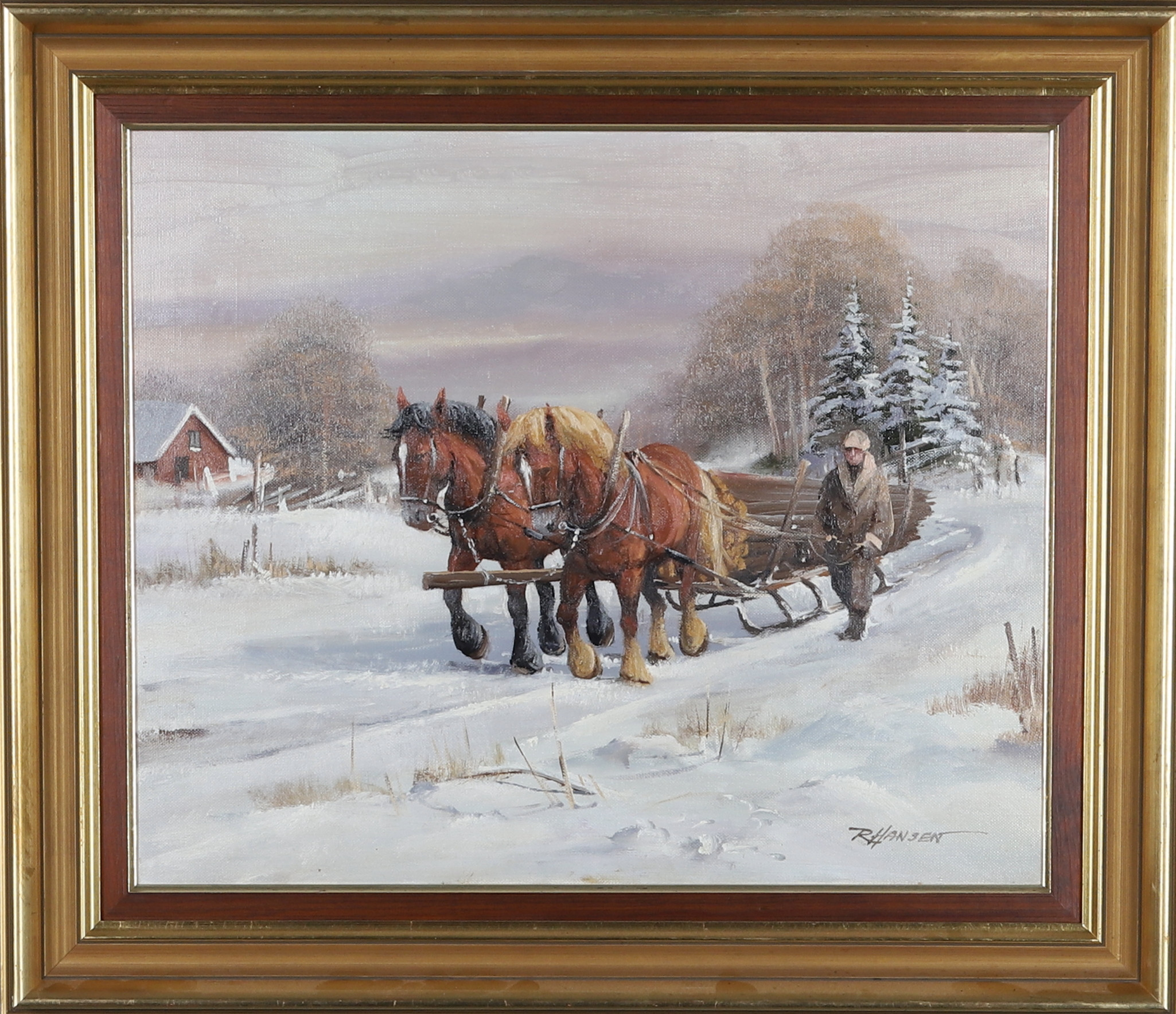 ROLAND HANSEN. Olja på duk, hästar, signerad.