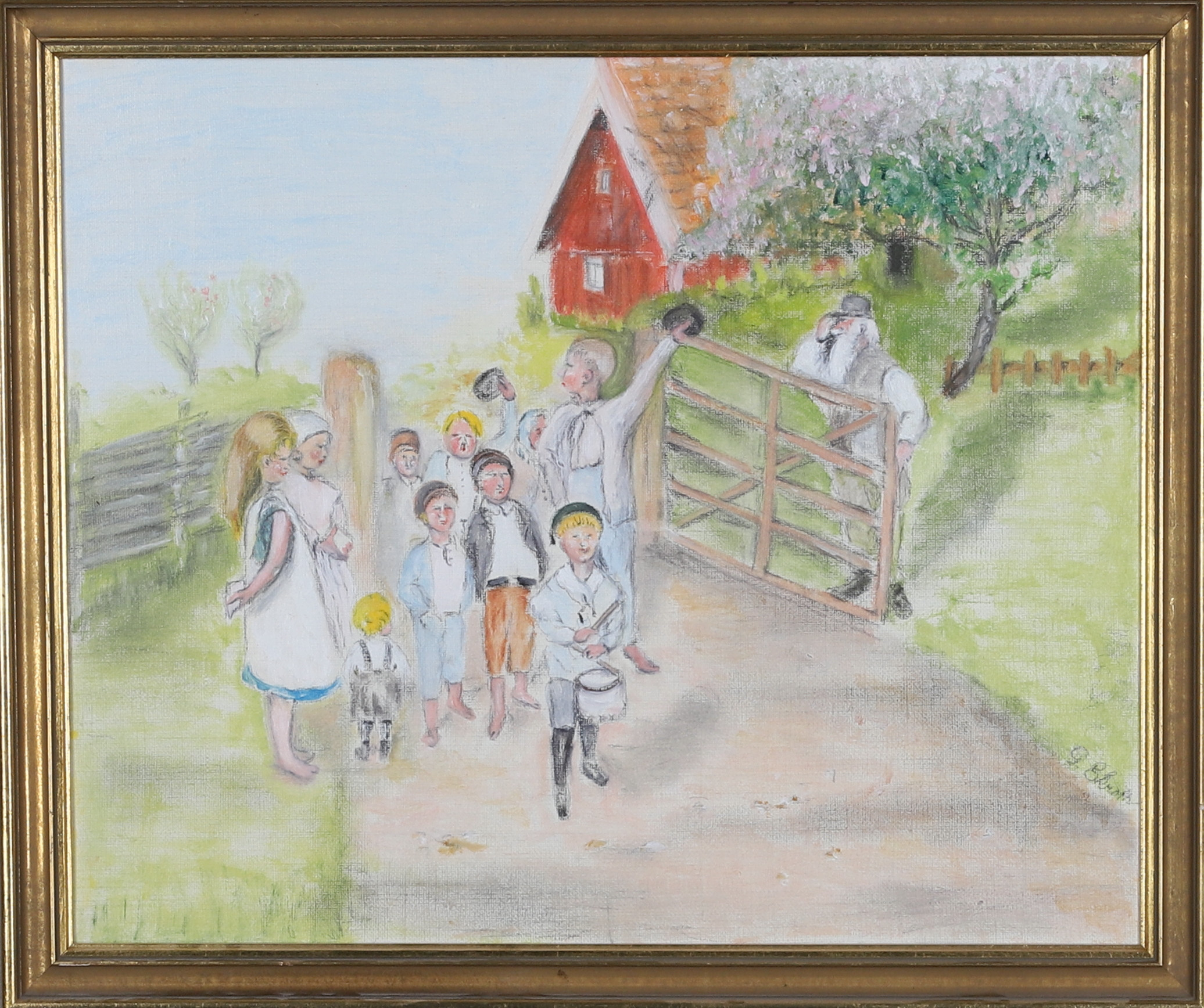 OIDENTIFERAD KONSTNÄR, Olja på duk, grindslanten, landsbygdsmotiv, signerad G Ekroth.