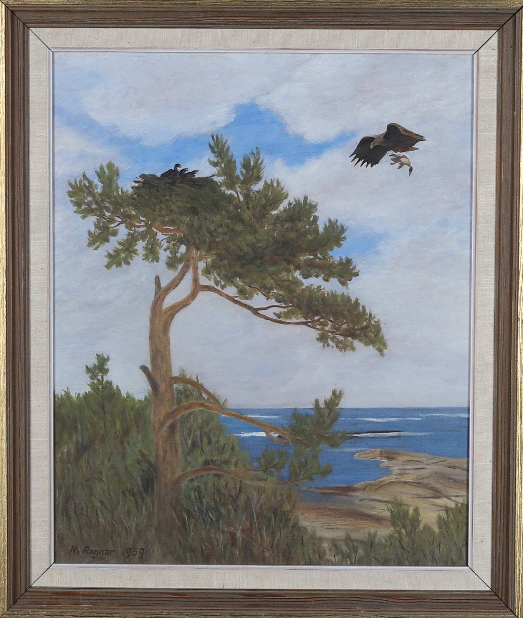 OIDENTIFIERAD KONSTNÄR, Olja på duk, fåglar över vattnet, signerad K Ragnar och daterad 1959.