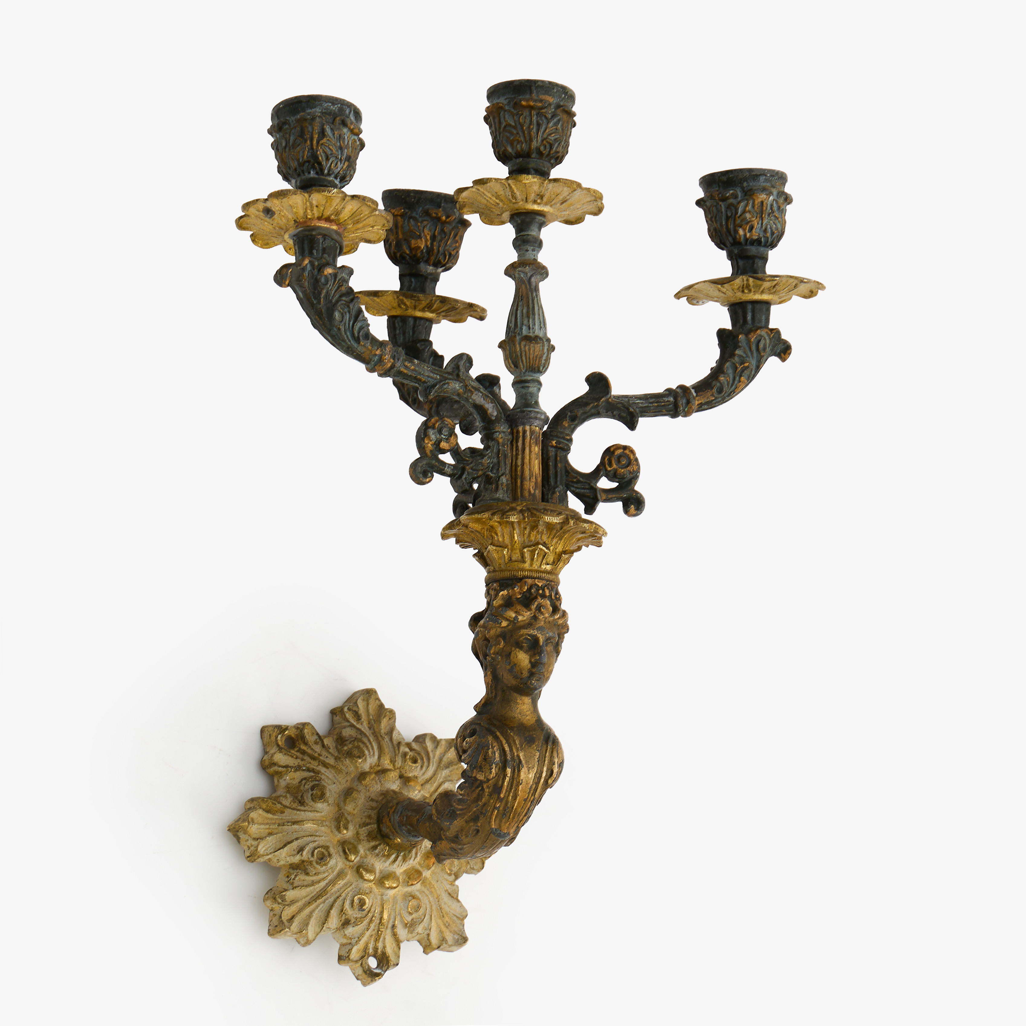 VÄGGKANDELABER, för fyra ljus, Louis XVI-stil, 18/1900-tal, patinerad metall, mässing.