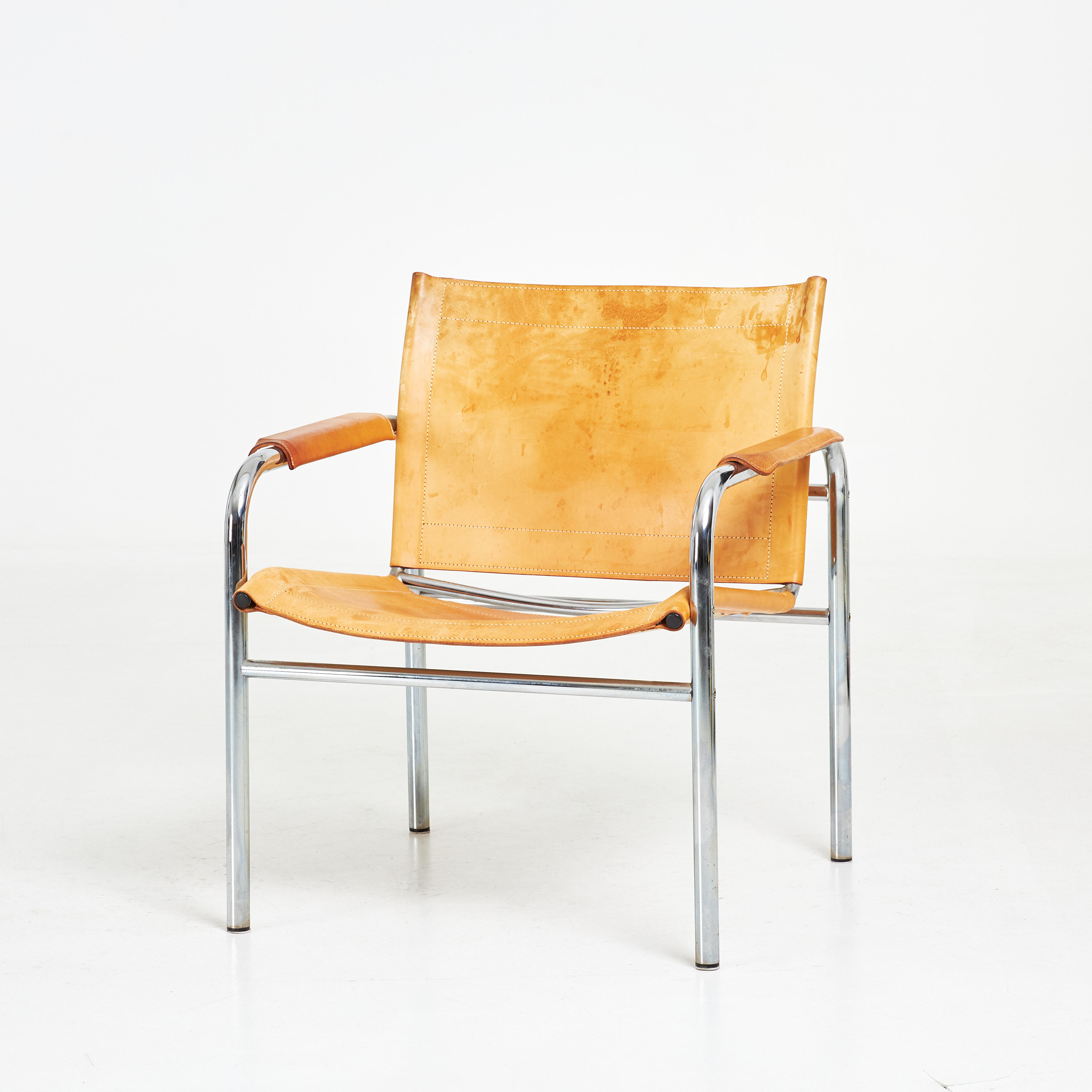 TORD BJÖRKLUND. "Klinte", fåtölj, IKEA, kromad benställning, läder, under med linne canvas.