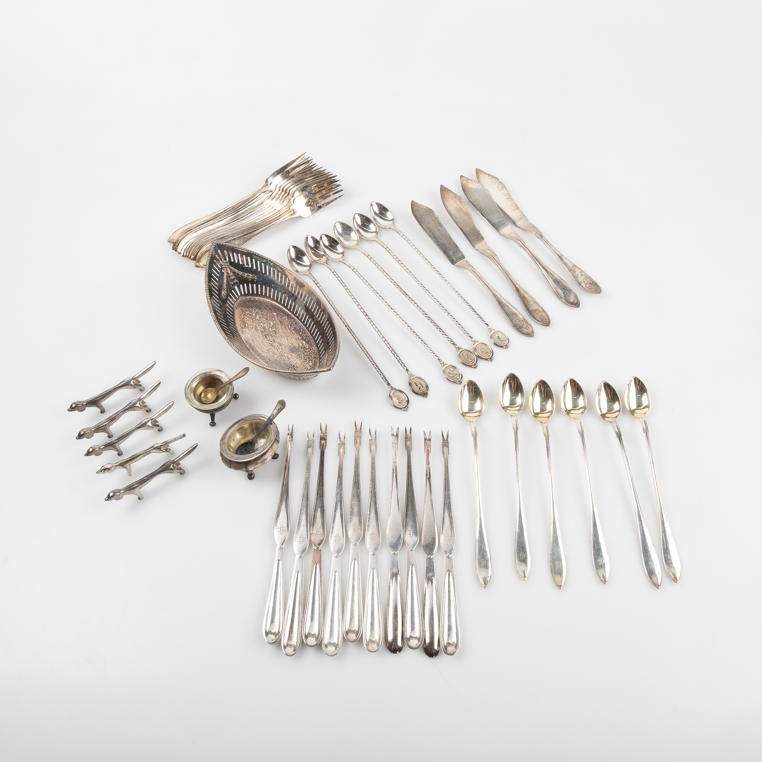 FISKBESTICK, HUMMERGAFFLAR, COCKTAILSKEDAR mm, nysilver, 48 dlr.