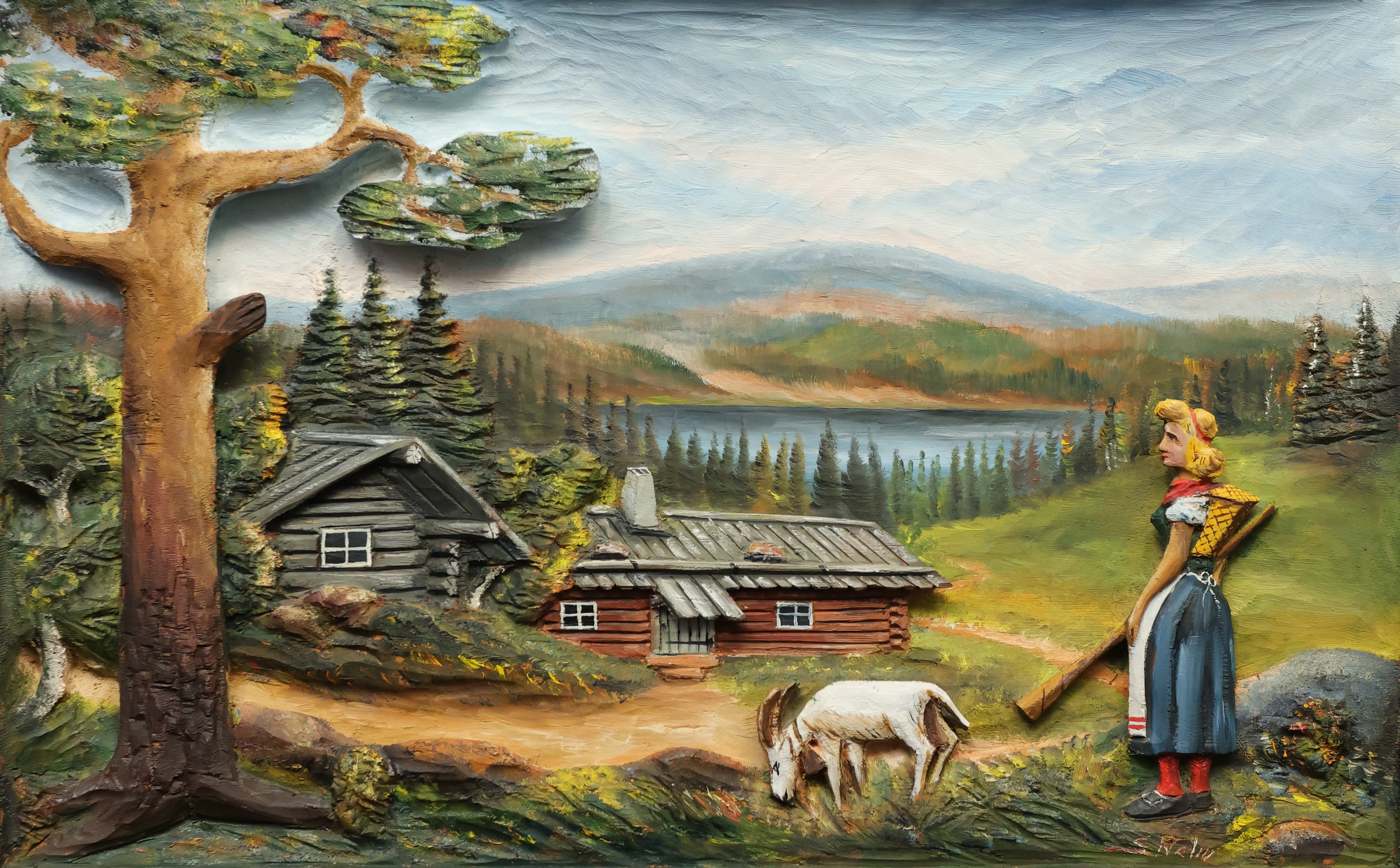 OIDENTIFIERAD KONSTNÄR. trärelief, bemålad, signerad, S. Nelin och daterad 1967.