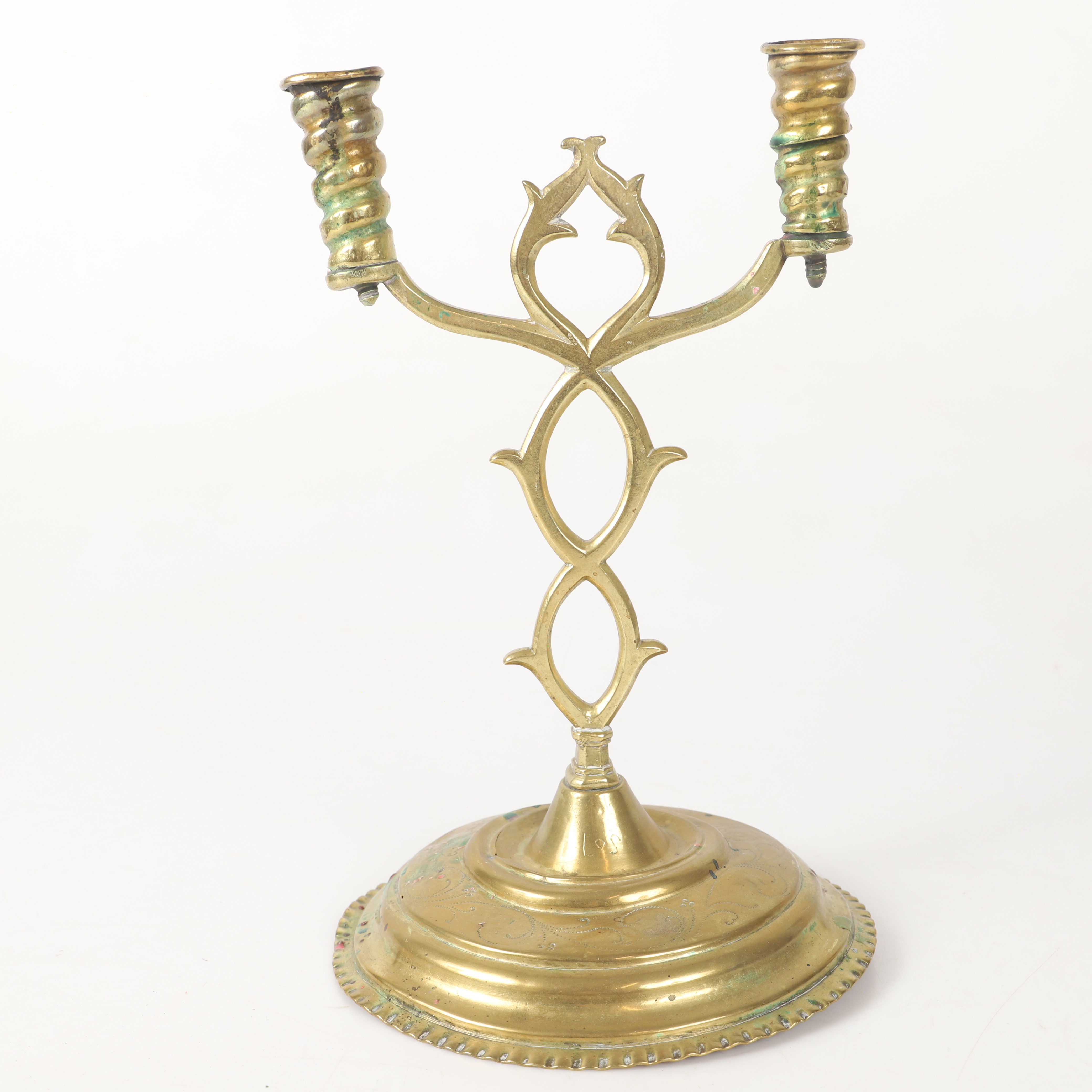 LJUSSTAKE, tvåarmad, "Blekingestake", mässing, 1700/1800-tal.