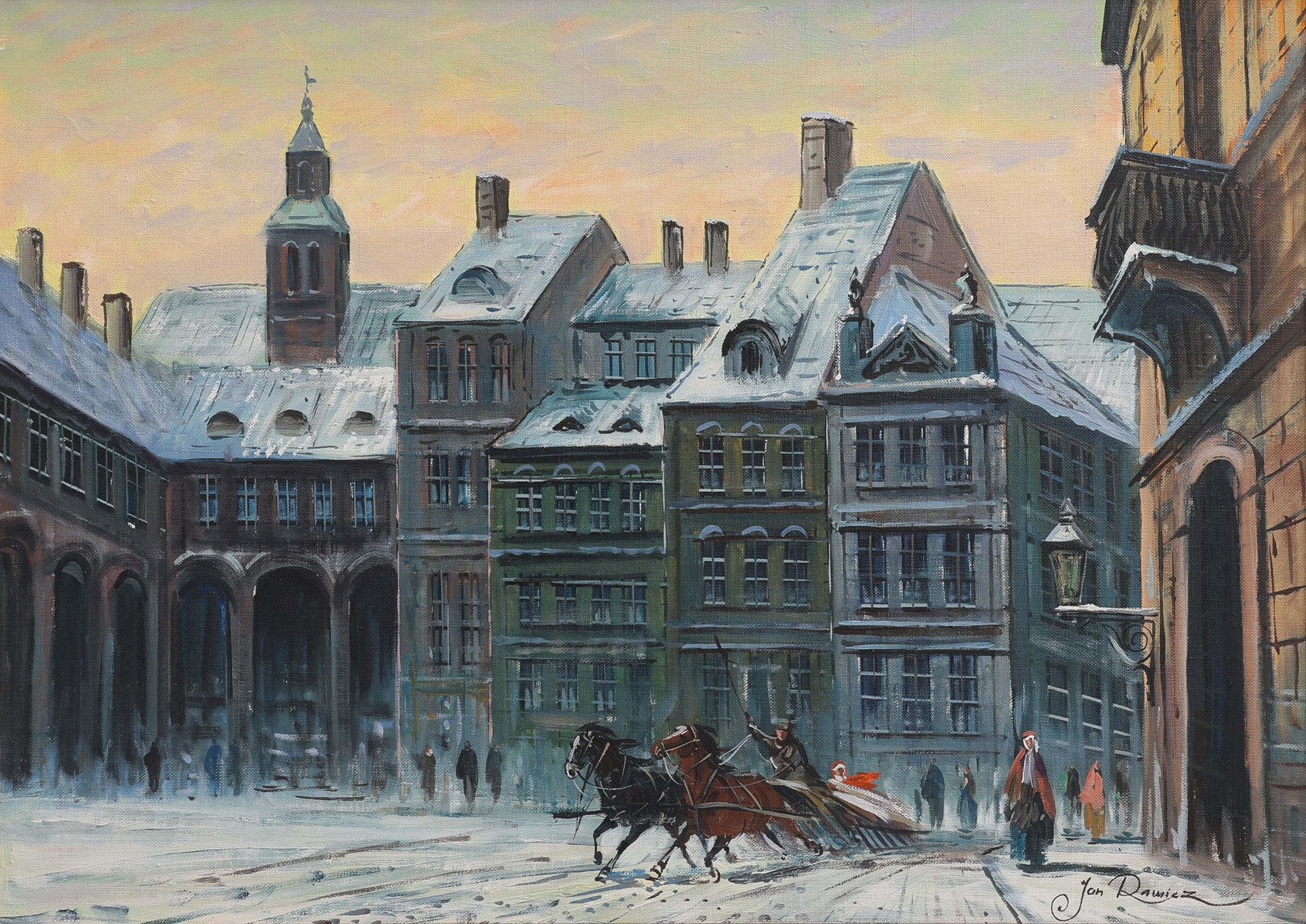 JAN RAWICZ. OLJA PÅ DUK, SLÄDFÄRD ÖVER TORG VINTERTID, SIGNERAD.