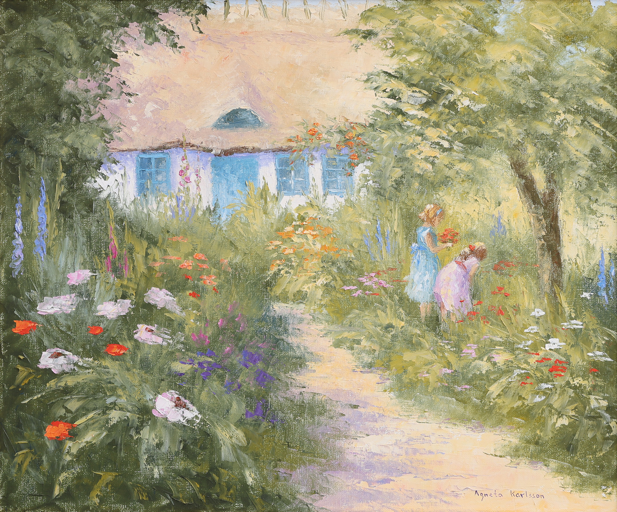 AGNETA "AGGE" KARLSSON. OLJA PÅ DUK, FLICKOR I VILDVUXEN TRÄDGÅRD, SIGNERAD.