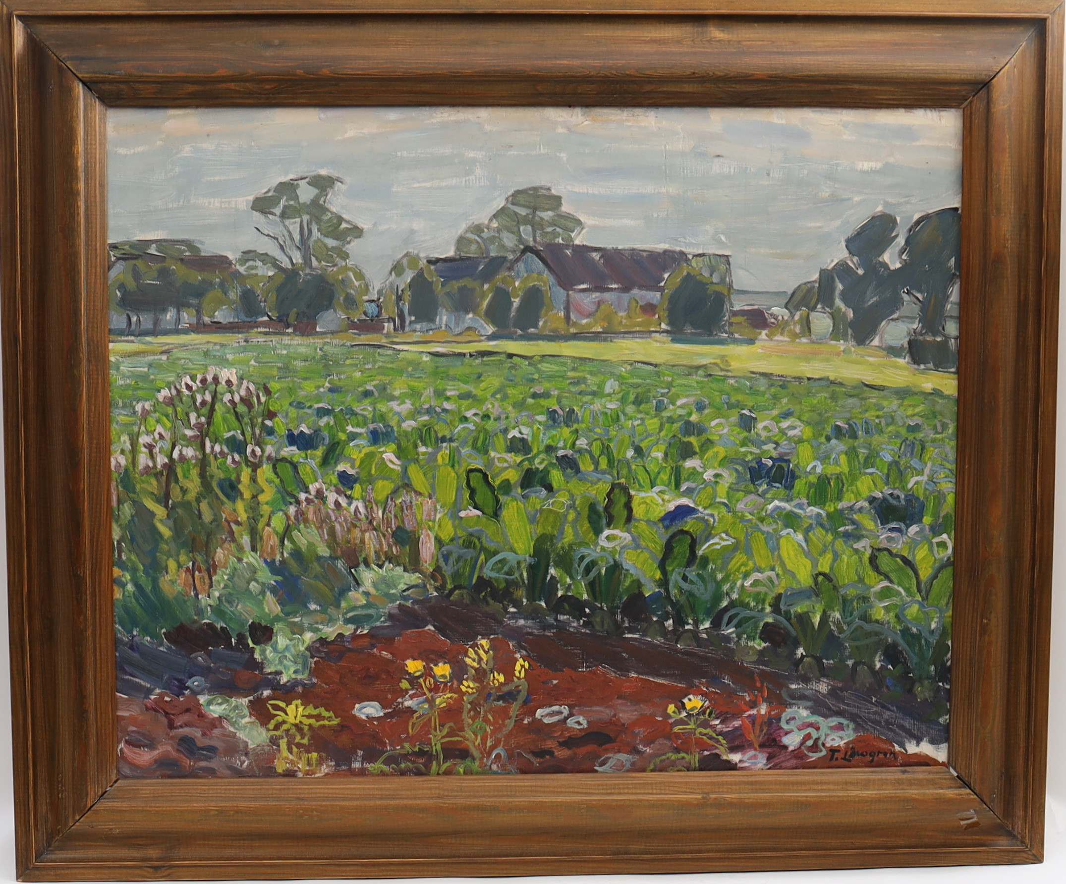 TORSTEN LÖWGREN. Landskap med stugor, signerad, oljemålning på pannå.