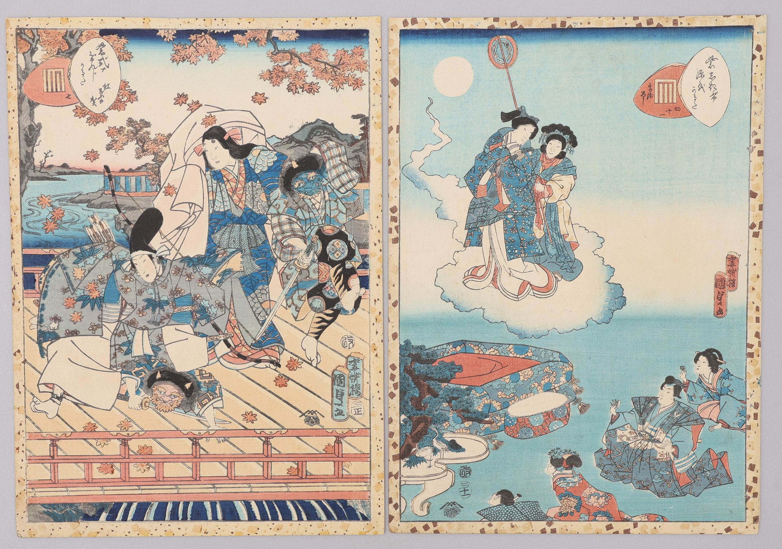 UTAGAWA KUNISADA II 1823-1880. TVÅ TRÄSNITT, UKIYO-E, "MOMIJI NO GA" OCH "MABOROSHI" UR "MURASAKI SHIKIBU GENJI", 1857.