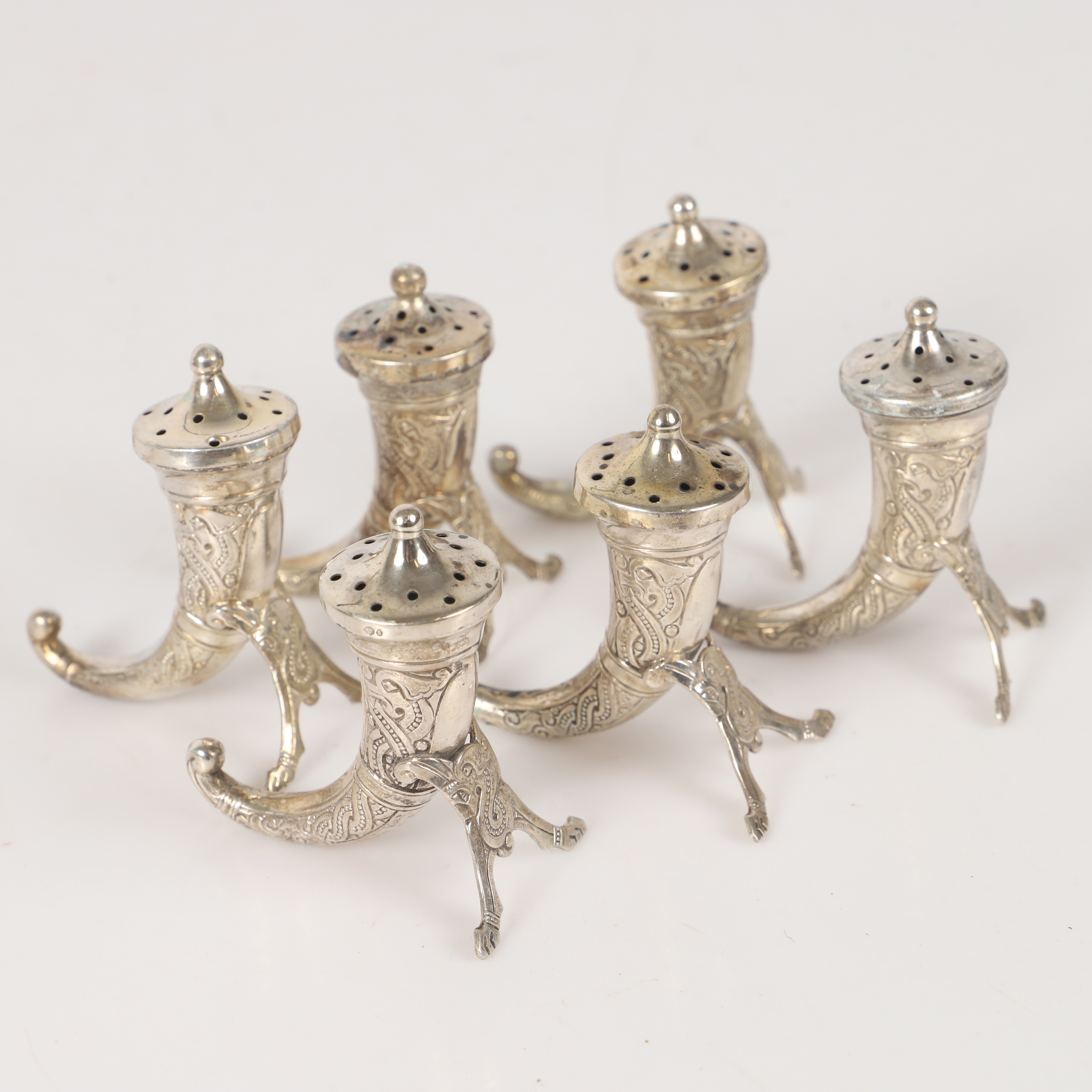 STRÖARE, 6 stycken, silver i form av ymnighetshorn, Norge.