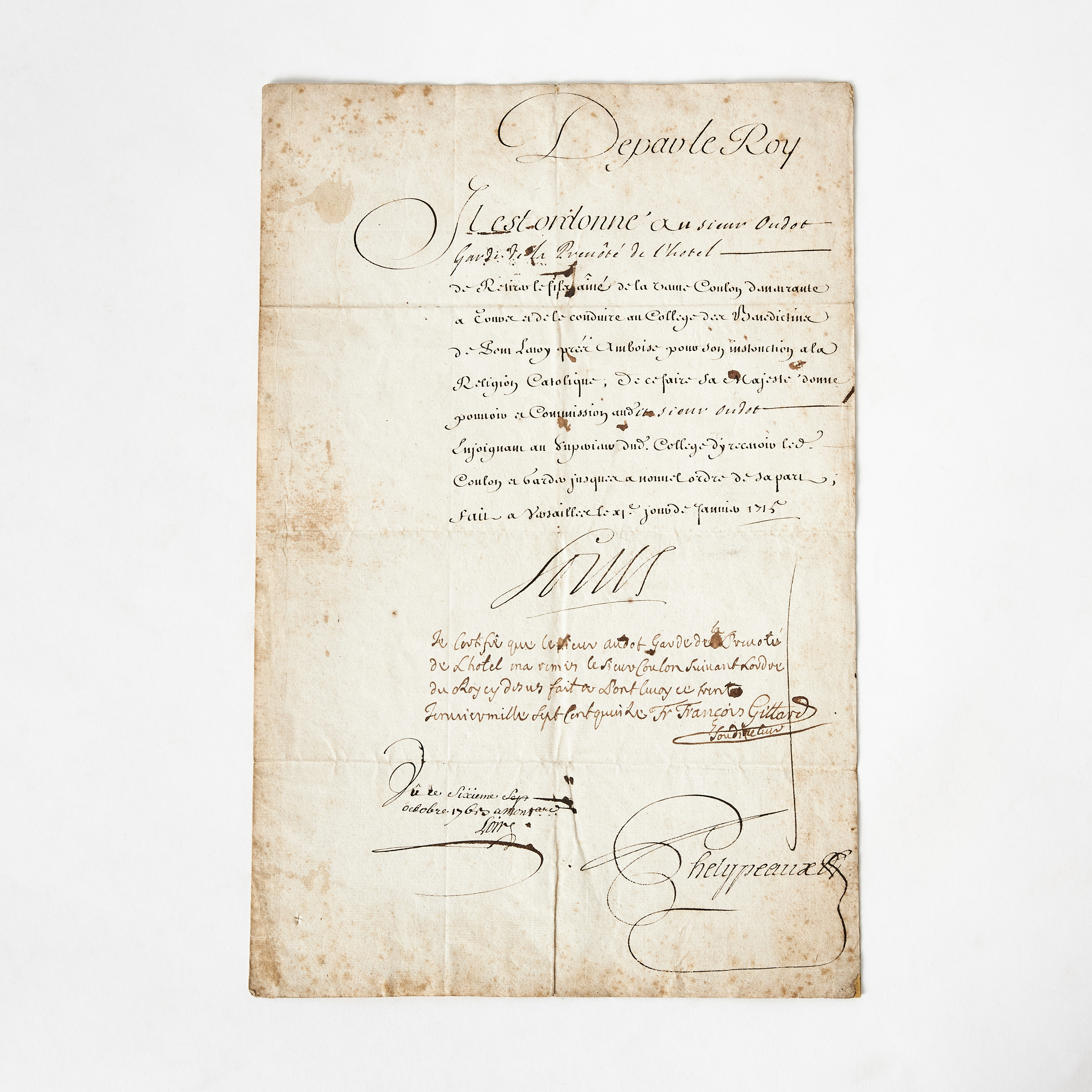 LOUIS / LUDVIG XIV, DOCUMENT SIGNED, 1715, THE SUN KING.