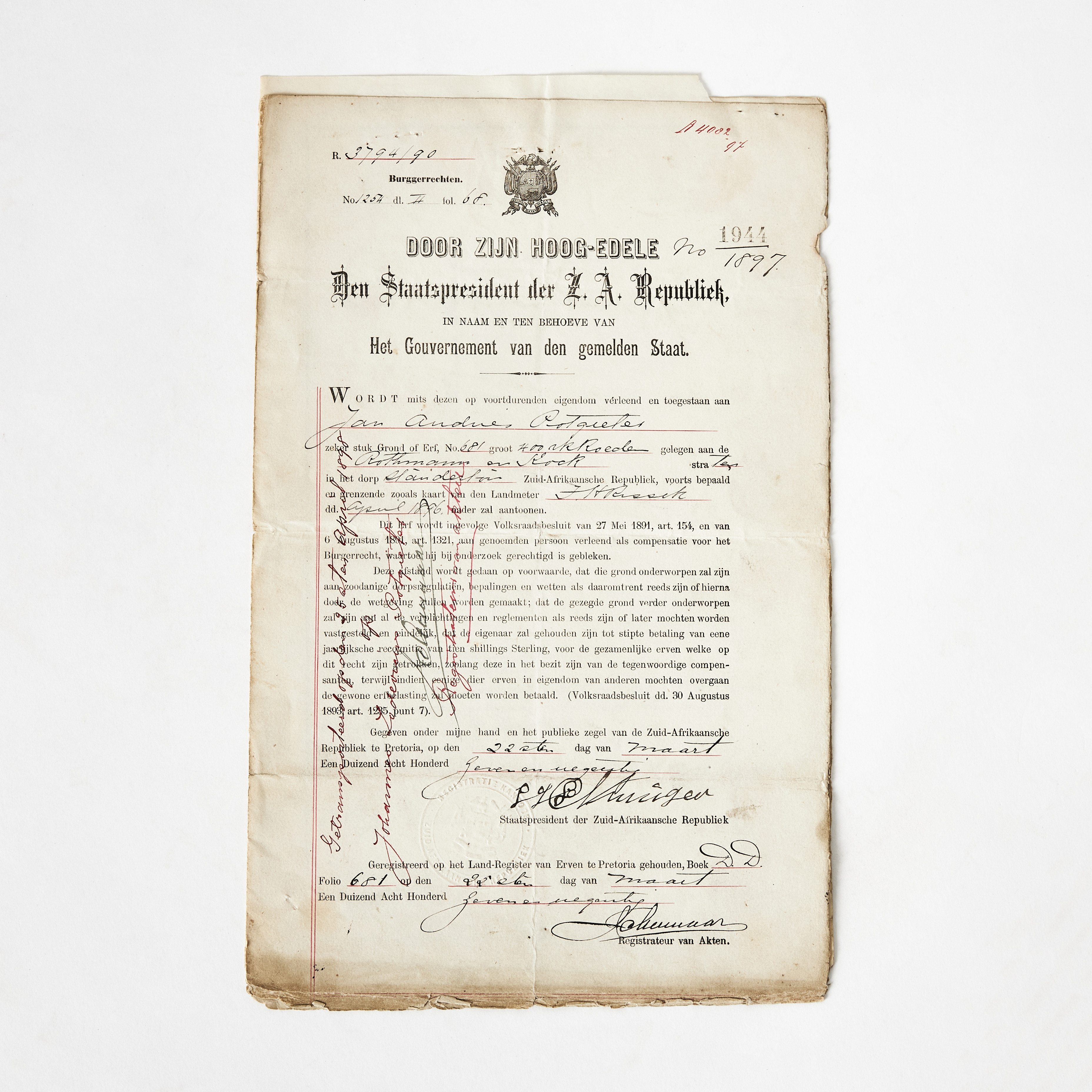 PAUL KRÜGER (KRUGER), SIGNED DOCUMENT, 1897, regarding property in South Africa.