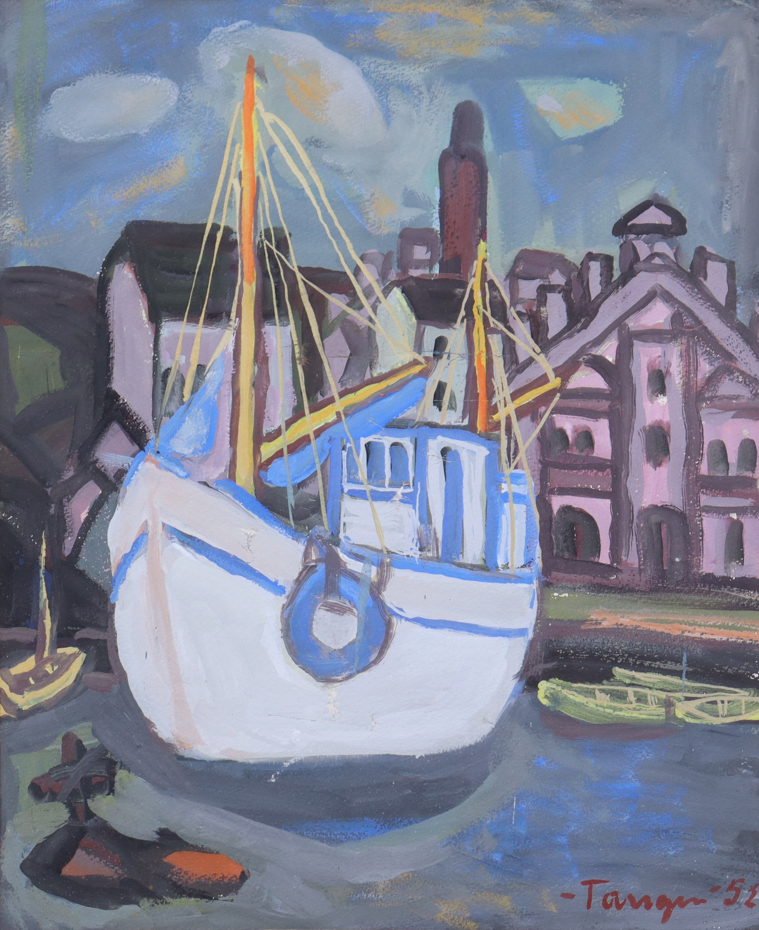 OLOF TANGEN. gouache, fiskebåt i hamn.