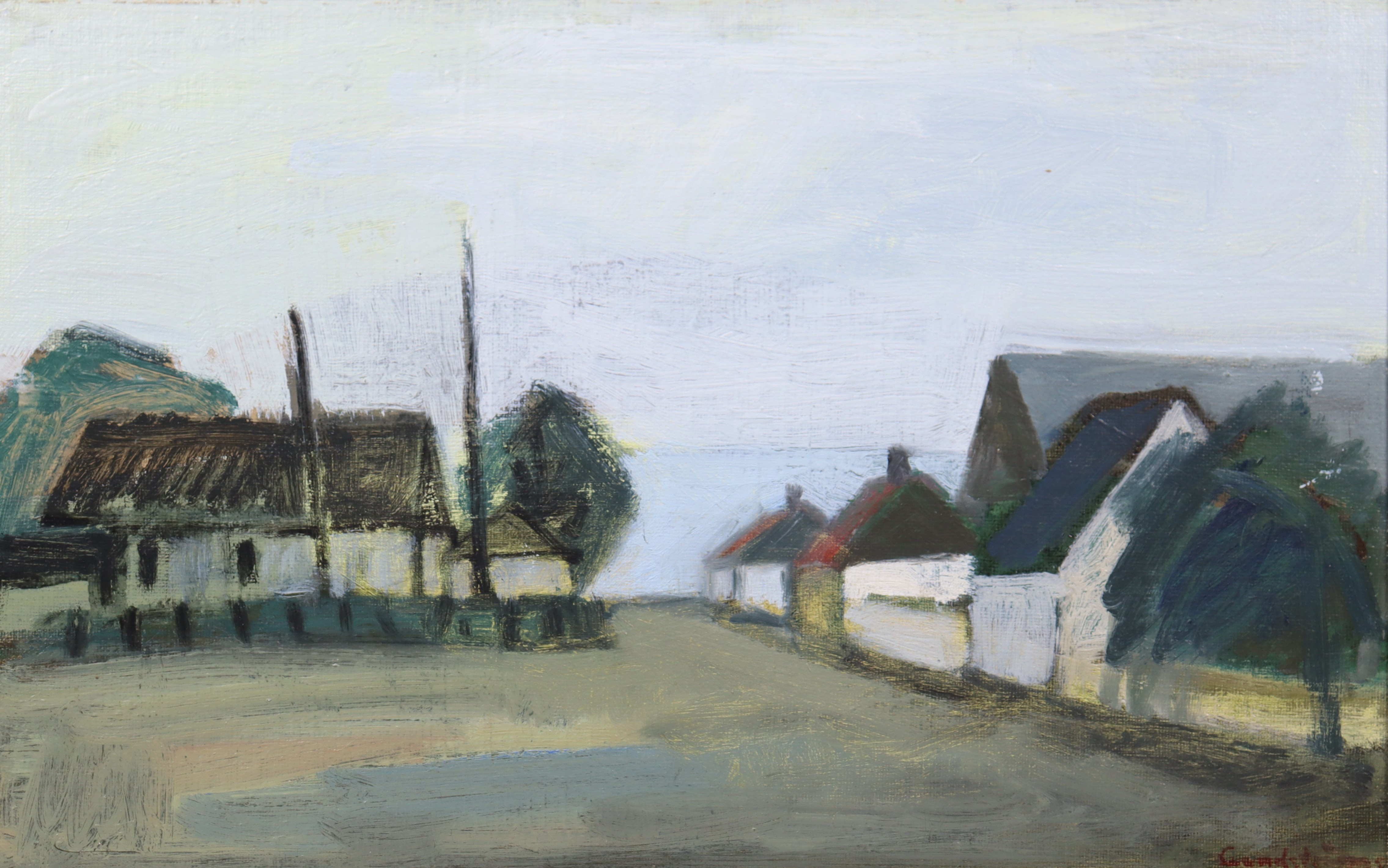 HELGE LUNDSTRÖM. olja på pannå, husgrupp vid hav.