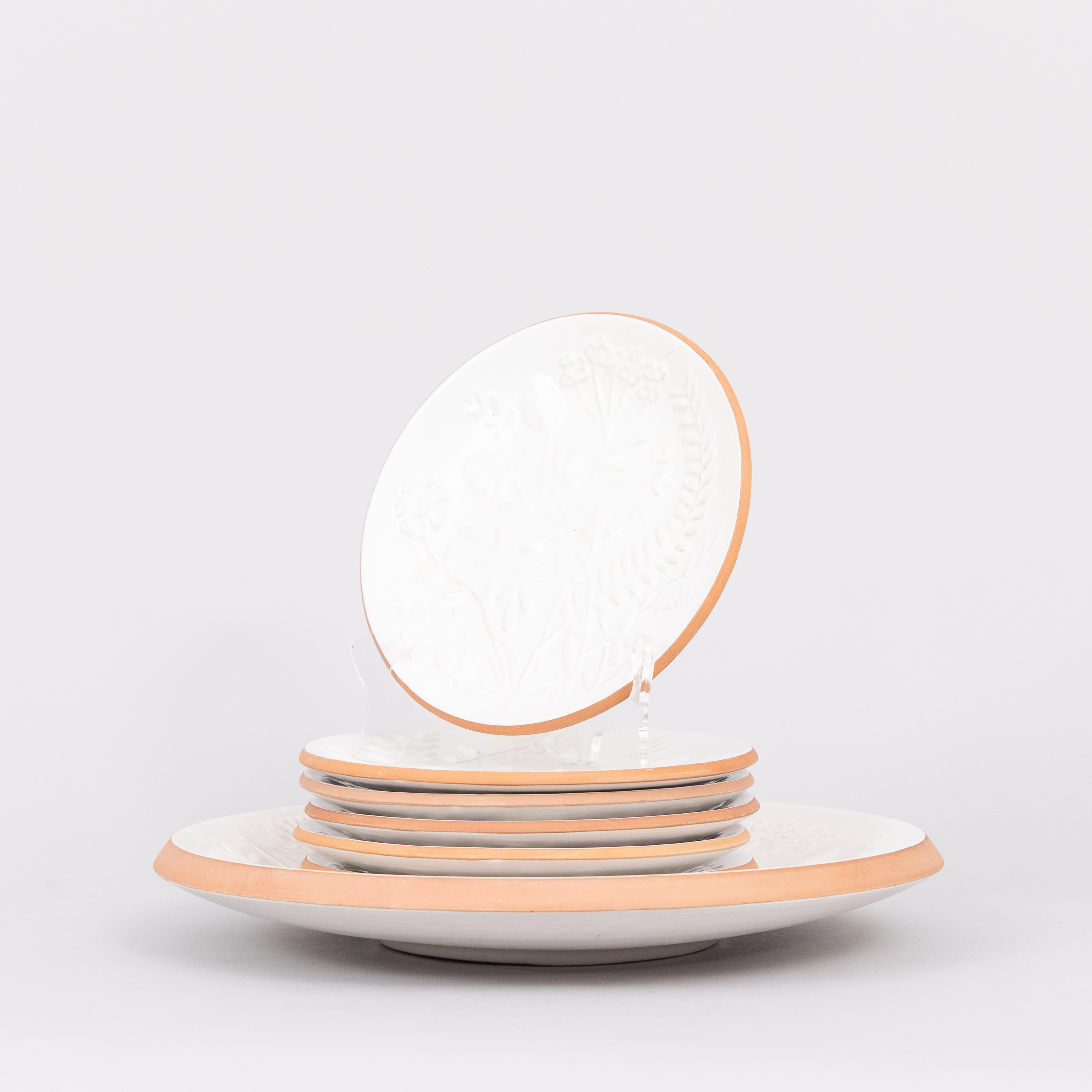 FRUKTSERVIS, 7 delar, delvis glaserad lergods, Nittsjö.