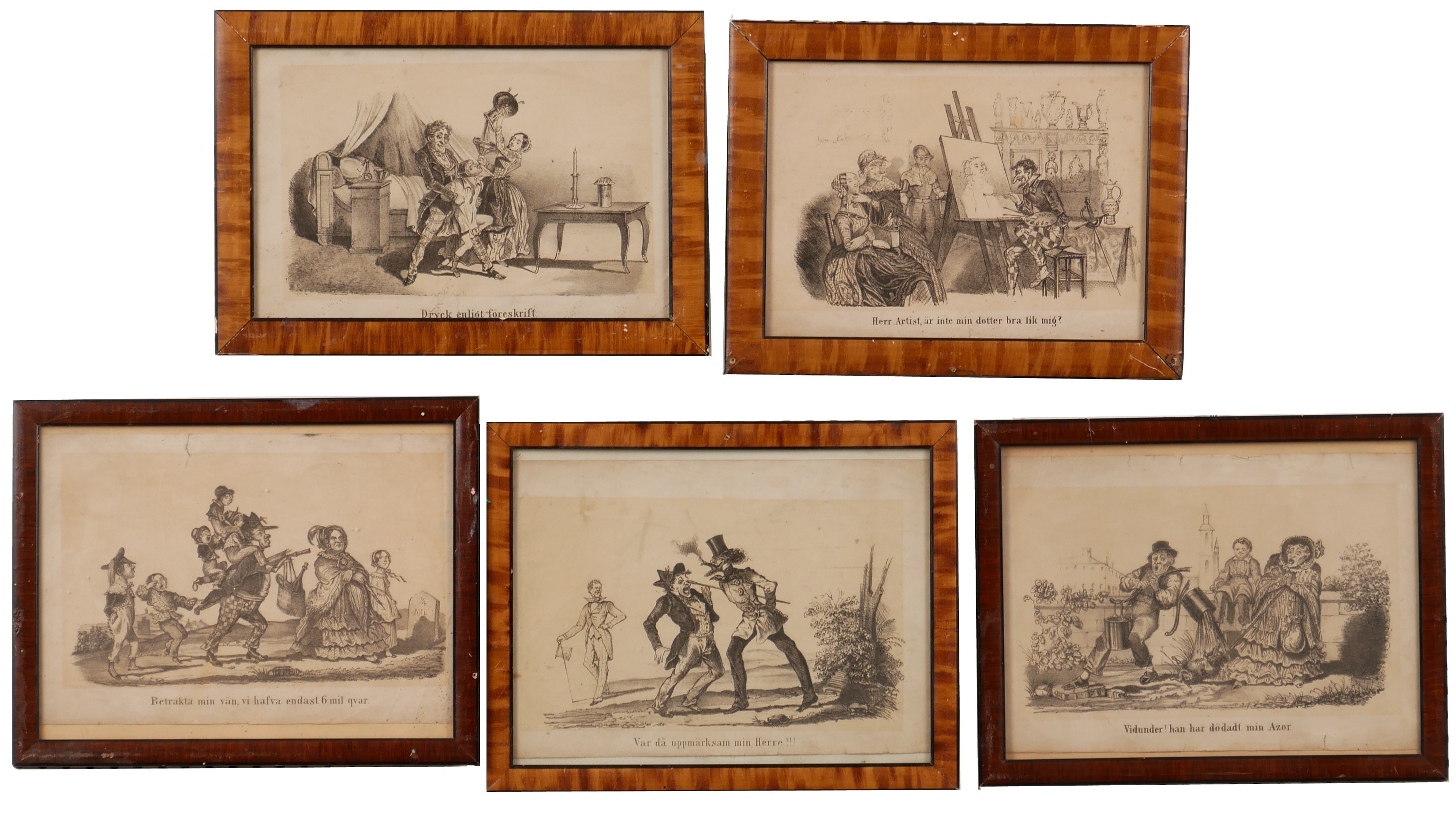SATIRISKA BILDER, 5 st, grafiska tryck, 18/1900-tal.