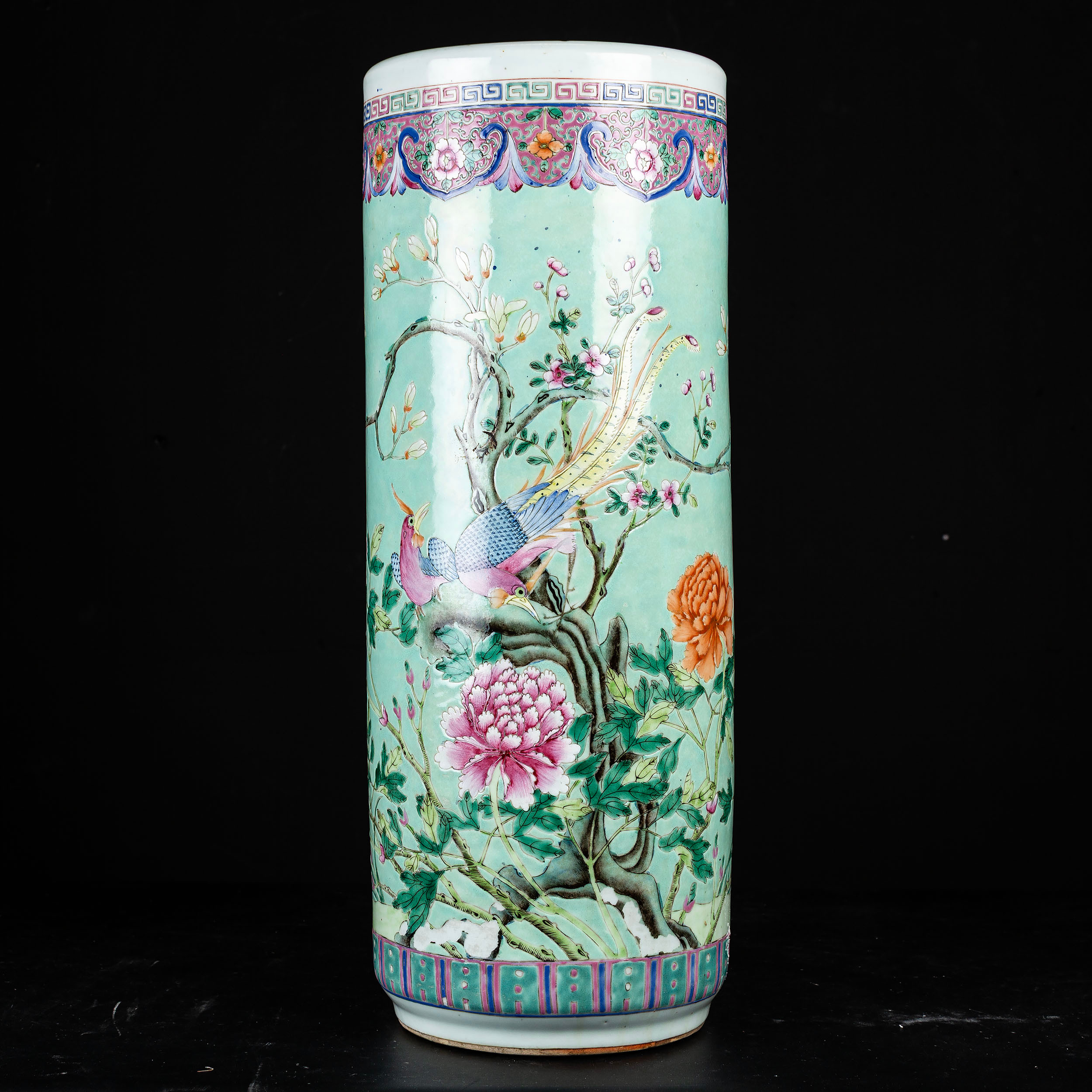 PARAPLYSTÄLL, Kina motiv av fåglar med pioner, 1800 - tal.