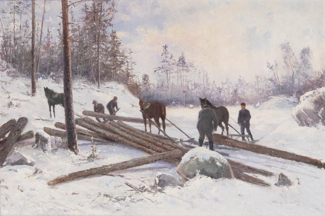 OTTO GRIPENSVÄRD (1847-1933). Skogsarbetare i vinterlandskap, olja på duk, signerad och daterad -96.