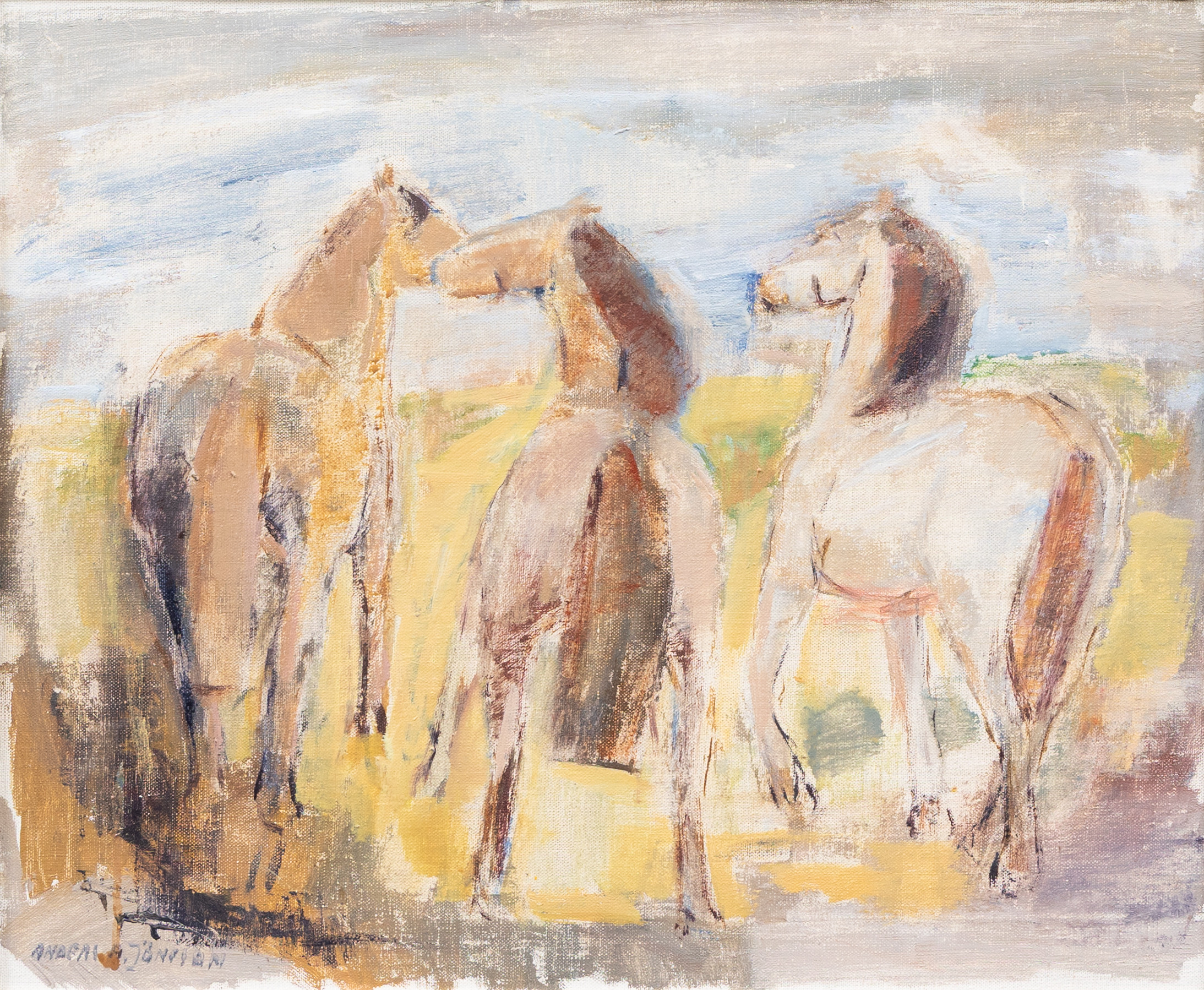 ANDERS A JÖNSSON (1907–2002). Tre hästar, olja på duk, signerad.