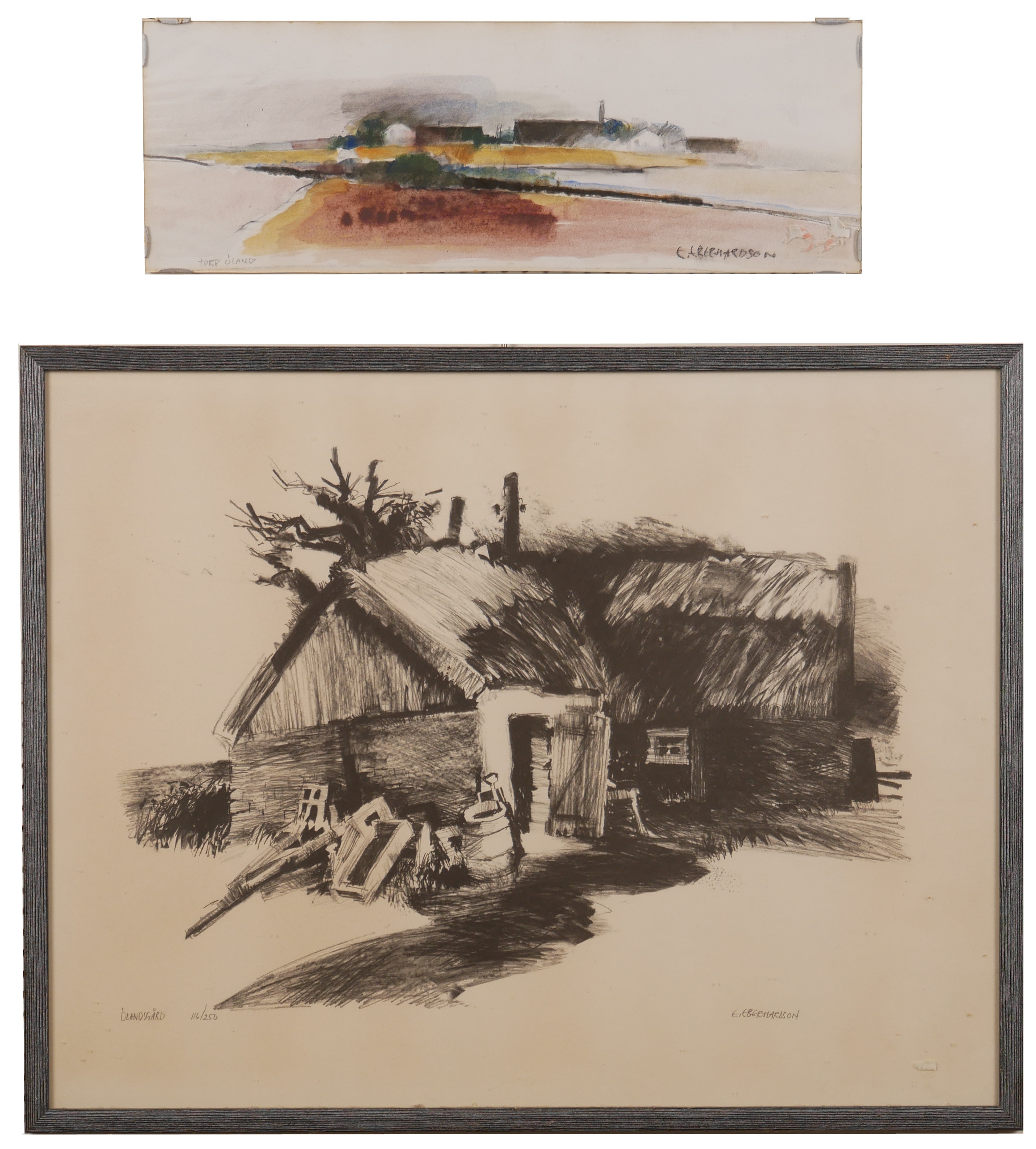 EBBE EBERHARDSON. Tavlor, 2 st, akvarell och litografi, signerade.