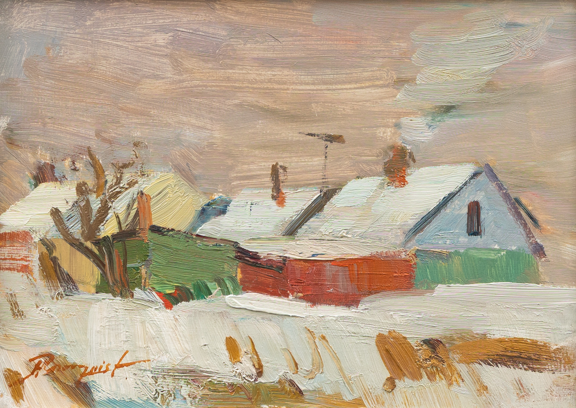 HANS ROSENQUIST (1913-2012). Hus i vinterlandskap, olja på pannå, signerad.