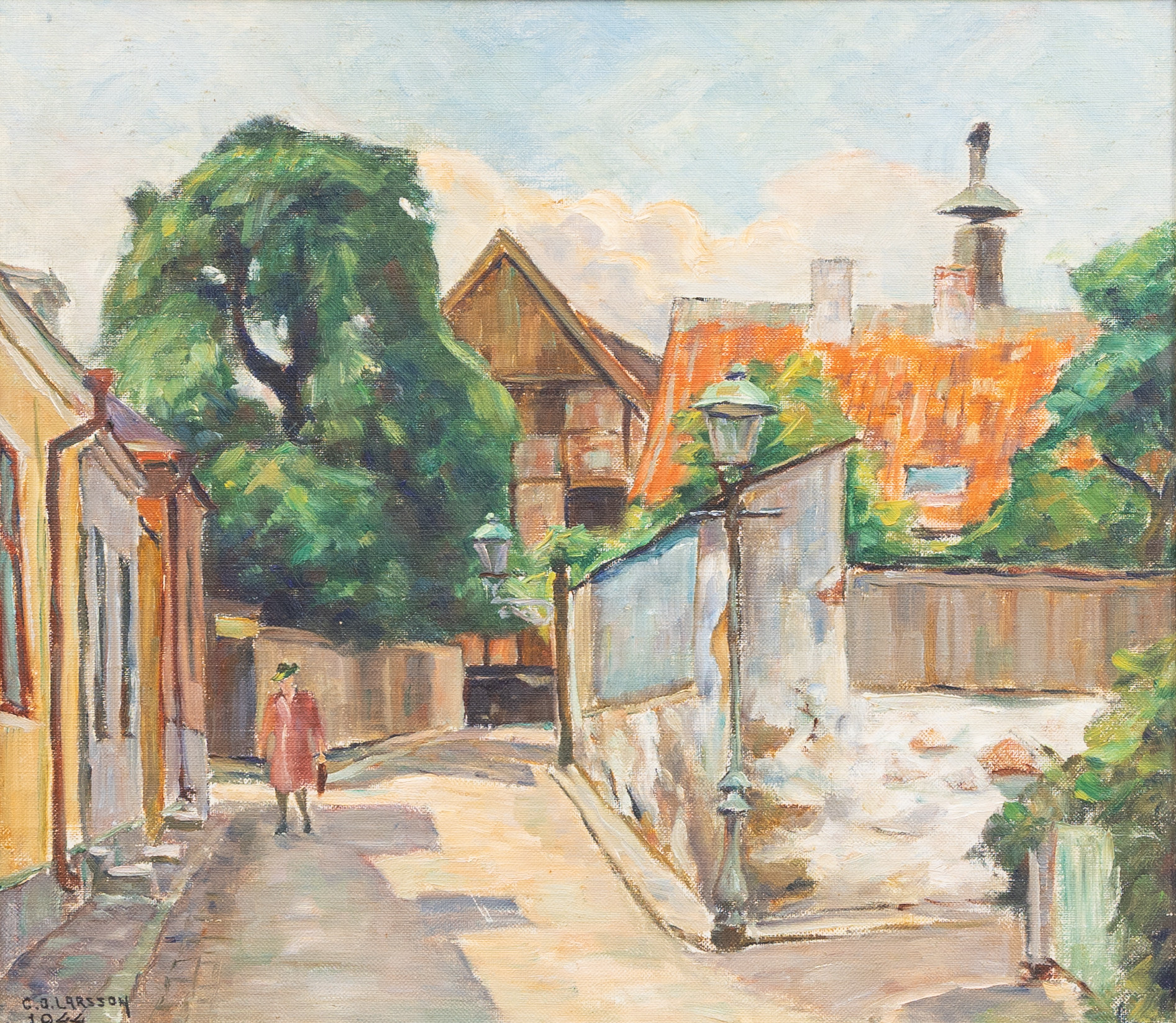 CARL OSCAR LARSSON (1887-1962). Fjädergränd, Ystad, olja på pannå, signerad och daterad 1944.