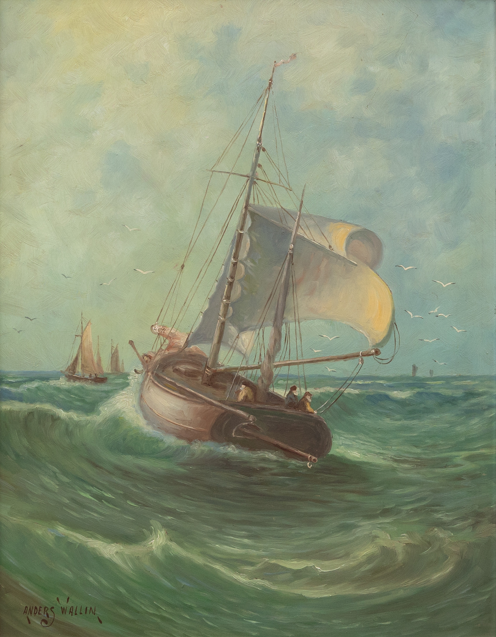ANDERS WALLIN. Segelfartyg, olja på pannå, signerad.