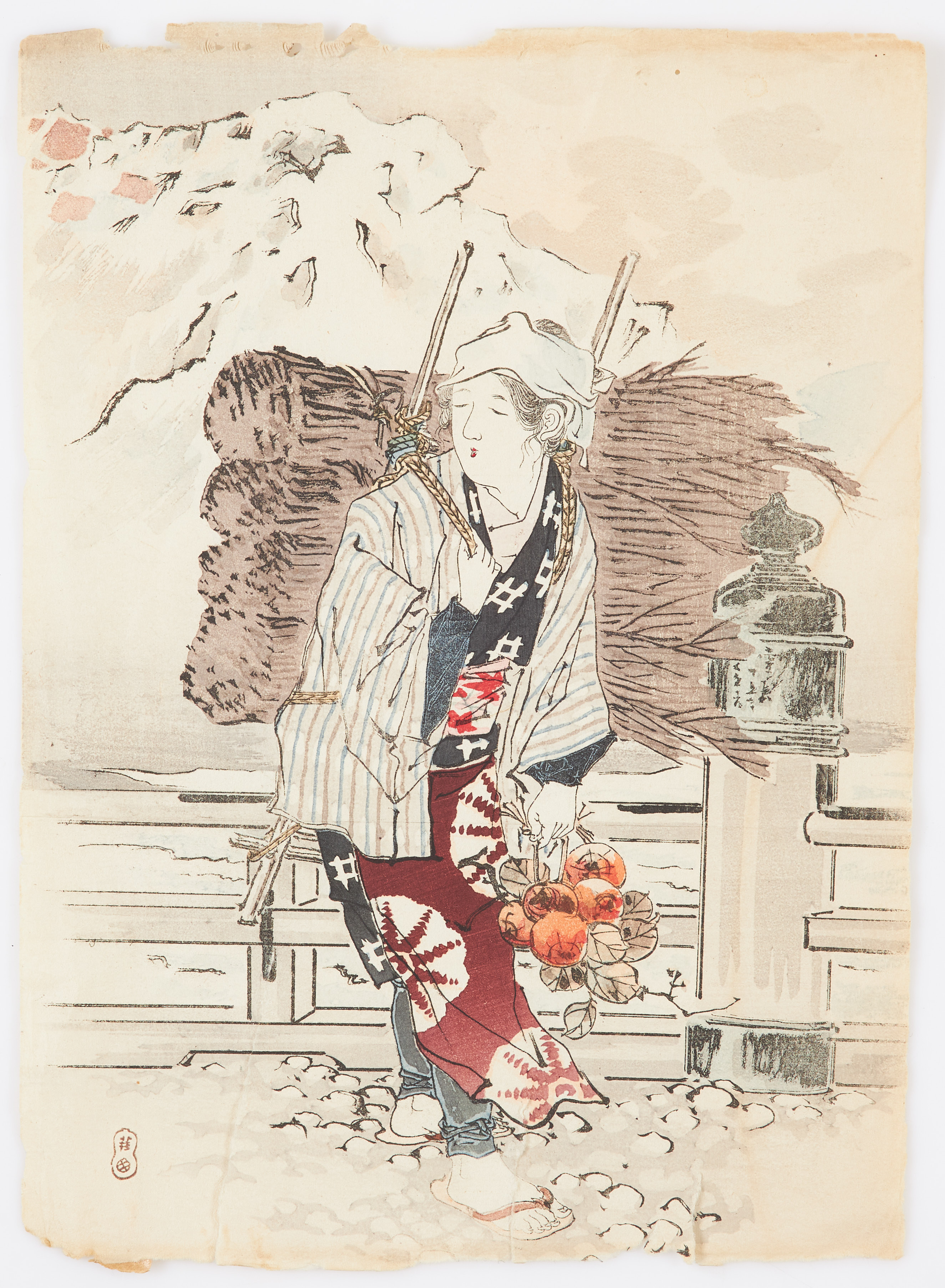 MISHIMA SHOSO (1856-1928). "Hashi no Ue" (On a Bridge). Kuchi-e, för Bungei Kurabu magasin, omkring 1900-1910.