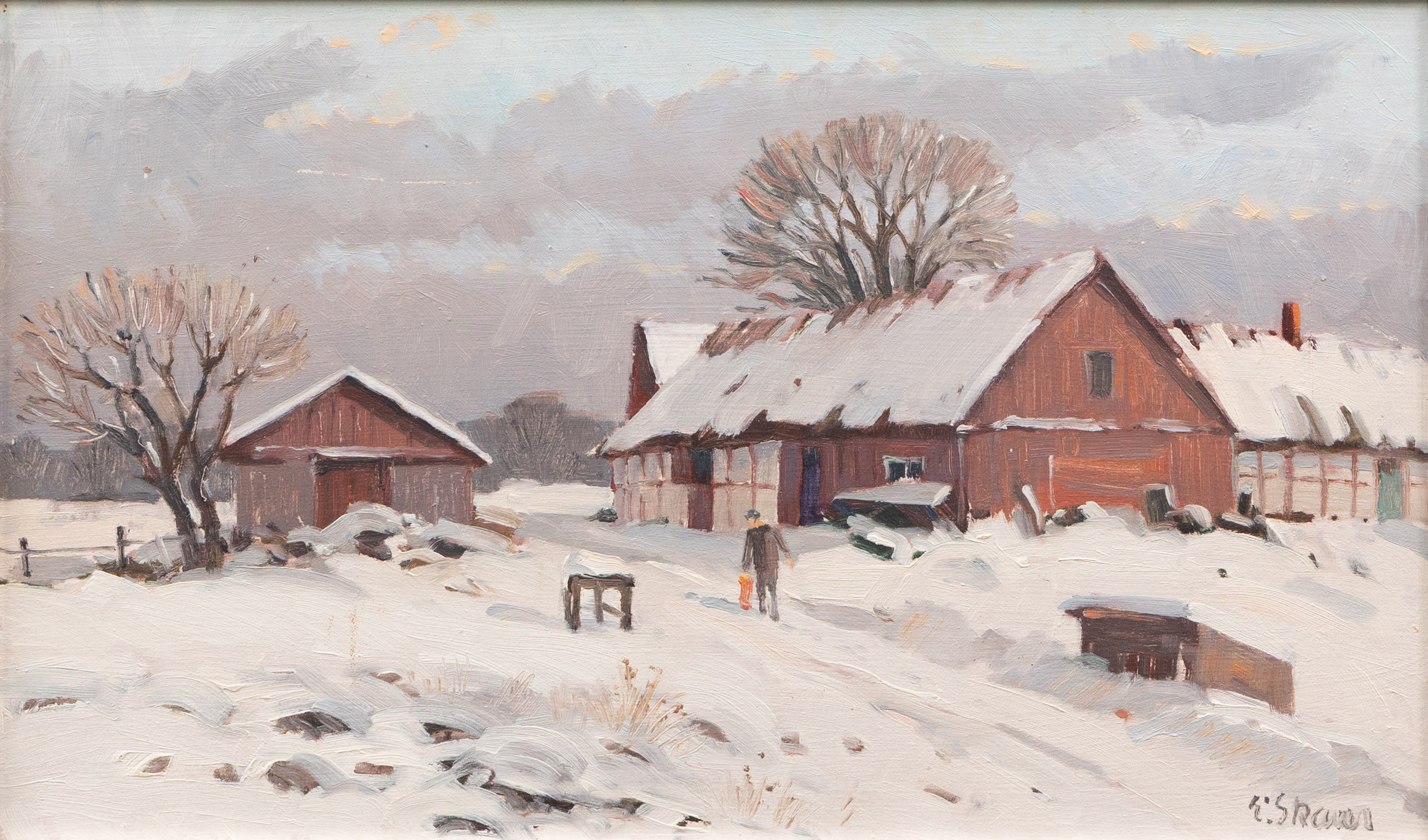 ESKIL SKANS. Gård i vinterlandskap, olja på pannå, signerad.