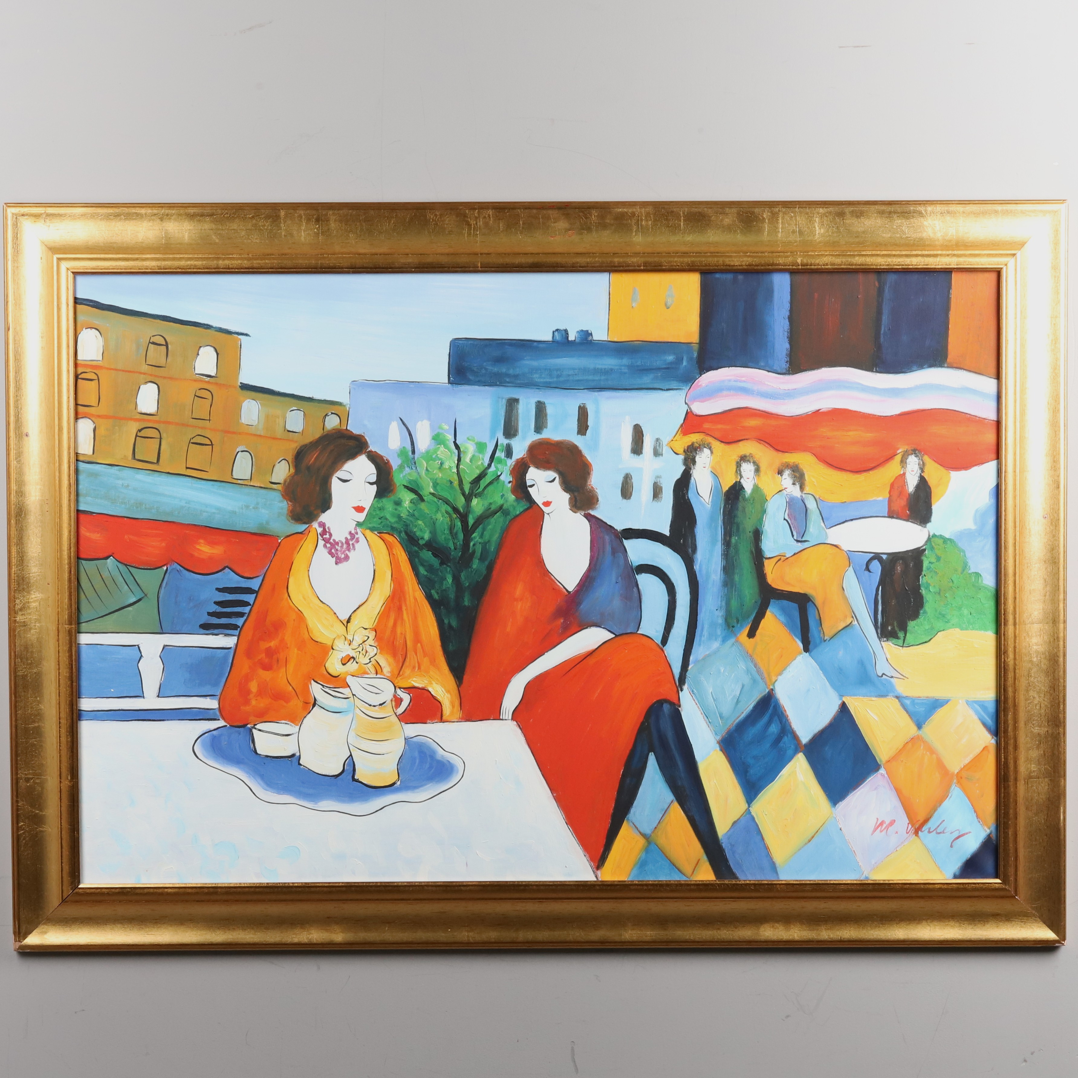 MARY VARLEY, Olja på duk, "Cafesamtal", signerad.