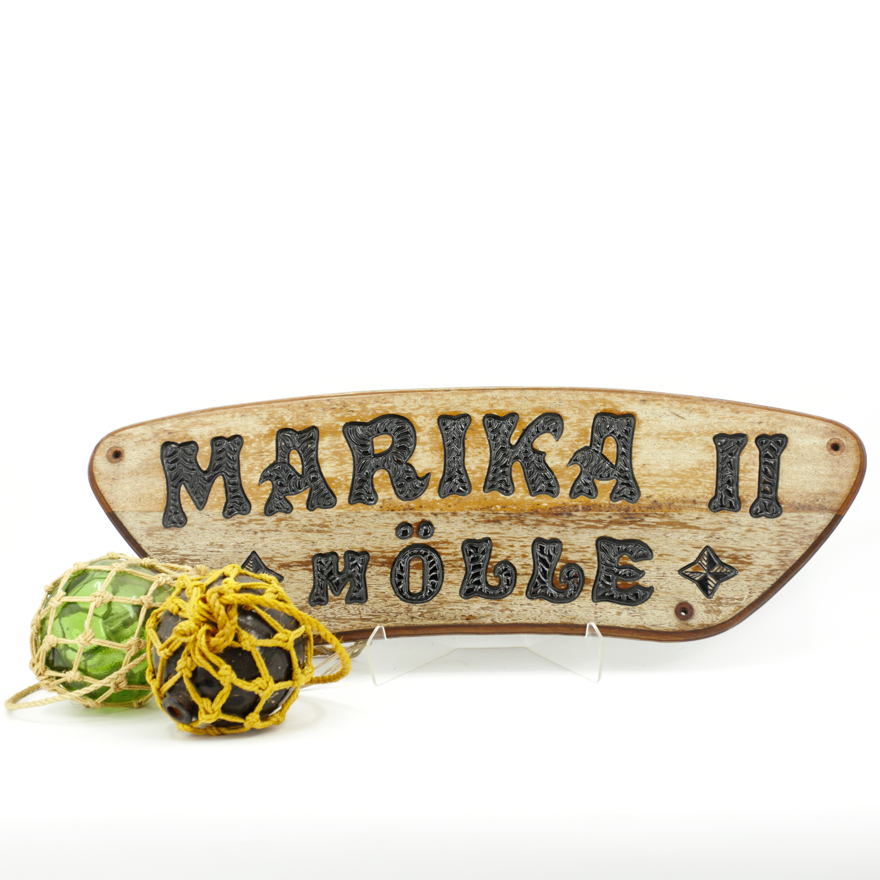 BÅTSKYLT och NÄTFLÖTEN, 3 delar, teak, glas, 1900-tal.