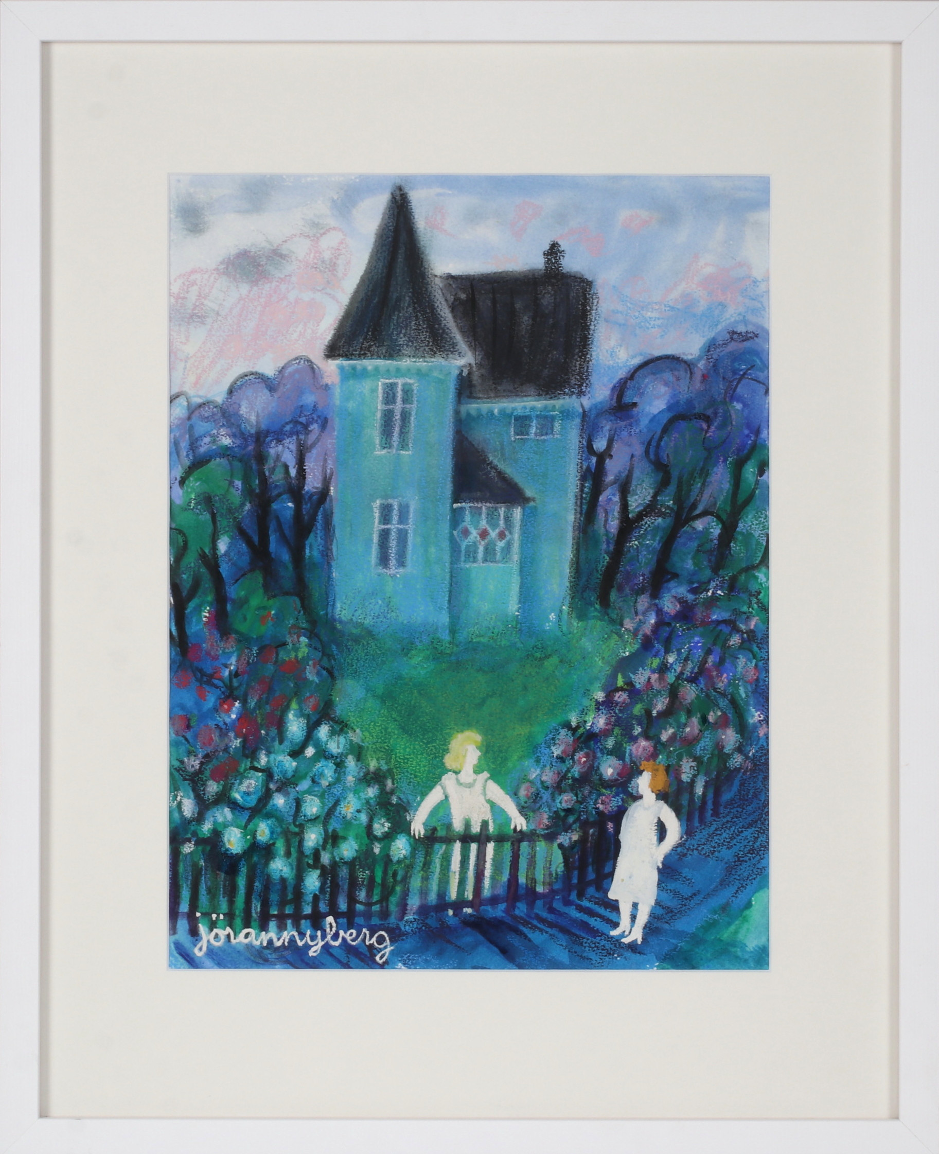 JÖRAN NYBERG. Möte med vid staketet, blandteknik på papper, signerad.