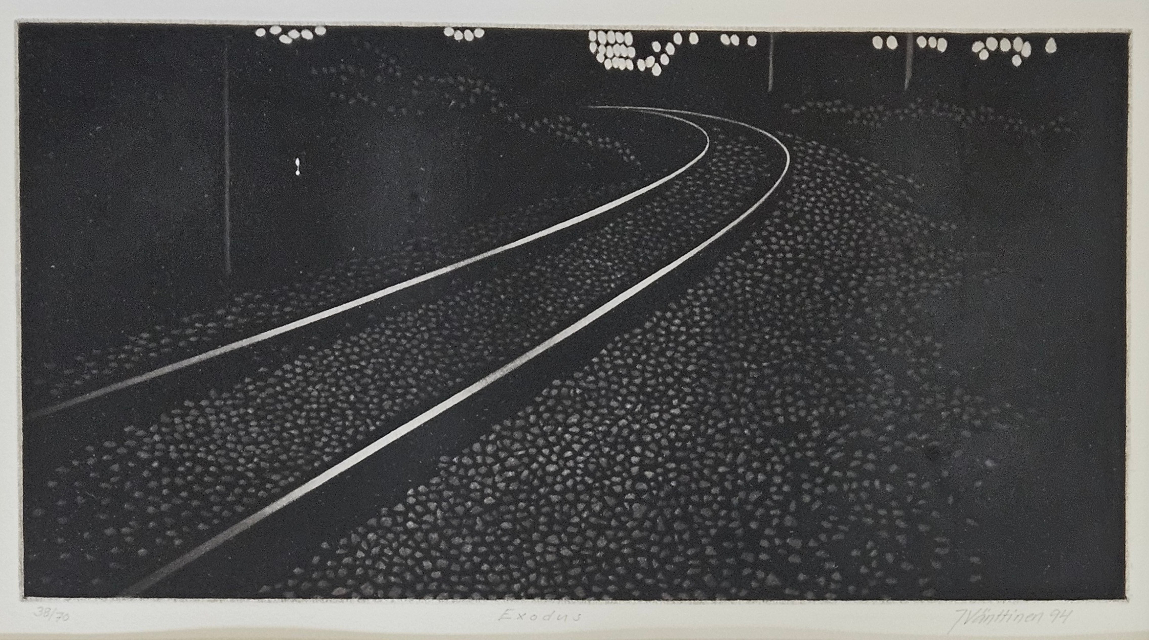JUKKA VÄNTTINEN. "Exodus". Mezzotint, signerad J Vänttinen, numrera 38/70, daterad 94.