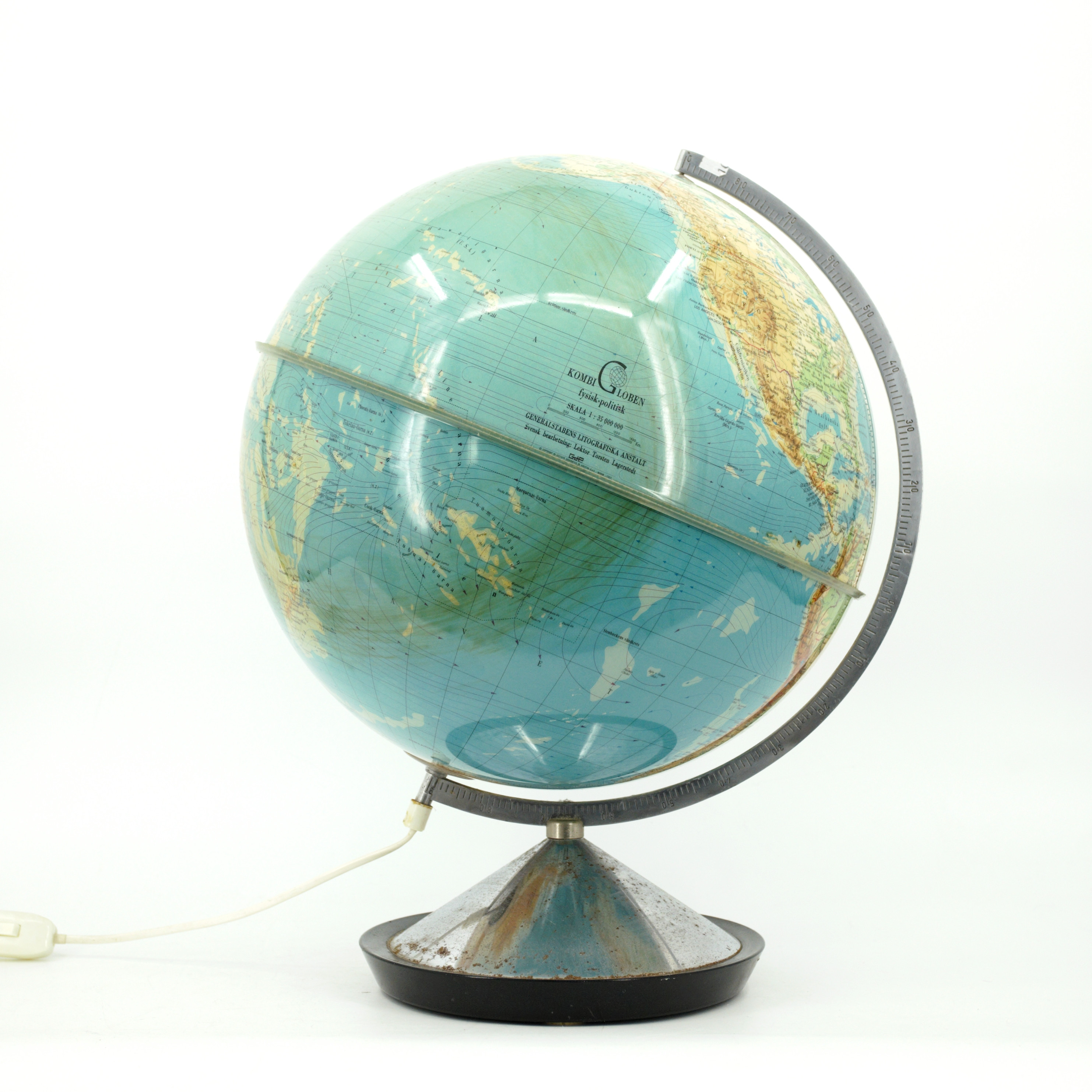 JORDGLOB, "Kombi Globen", fysisk och politisk jordglob, Generalstabens litografiska anstalt. 1900-talets mitt.