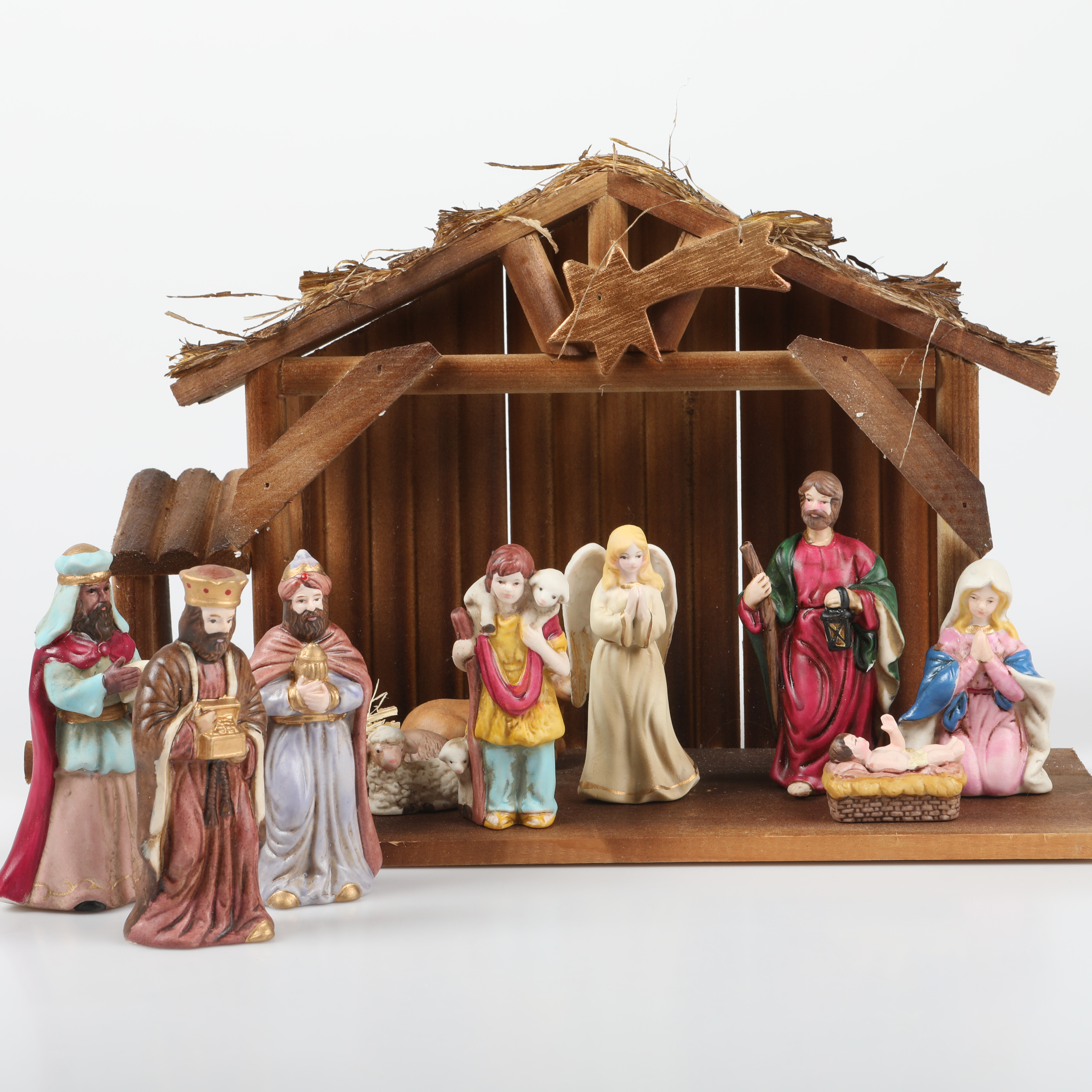 JULKRUBBA OCH FIGURER 12 stycken, porslin/trä, Guldfynd.