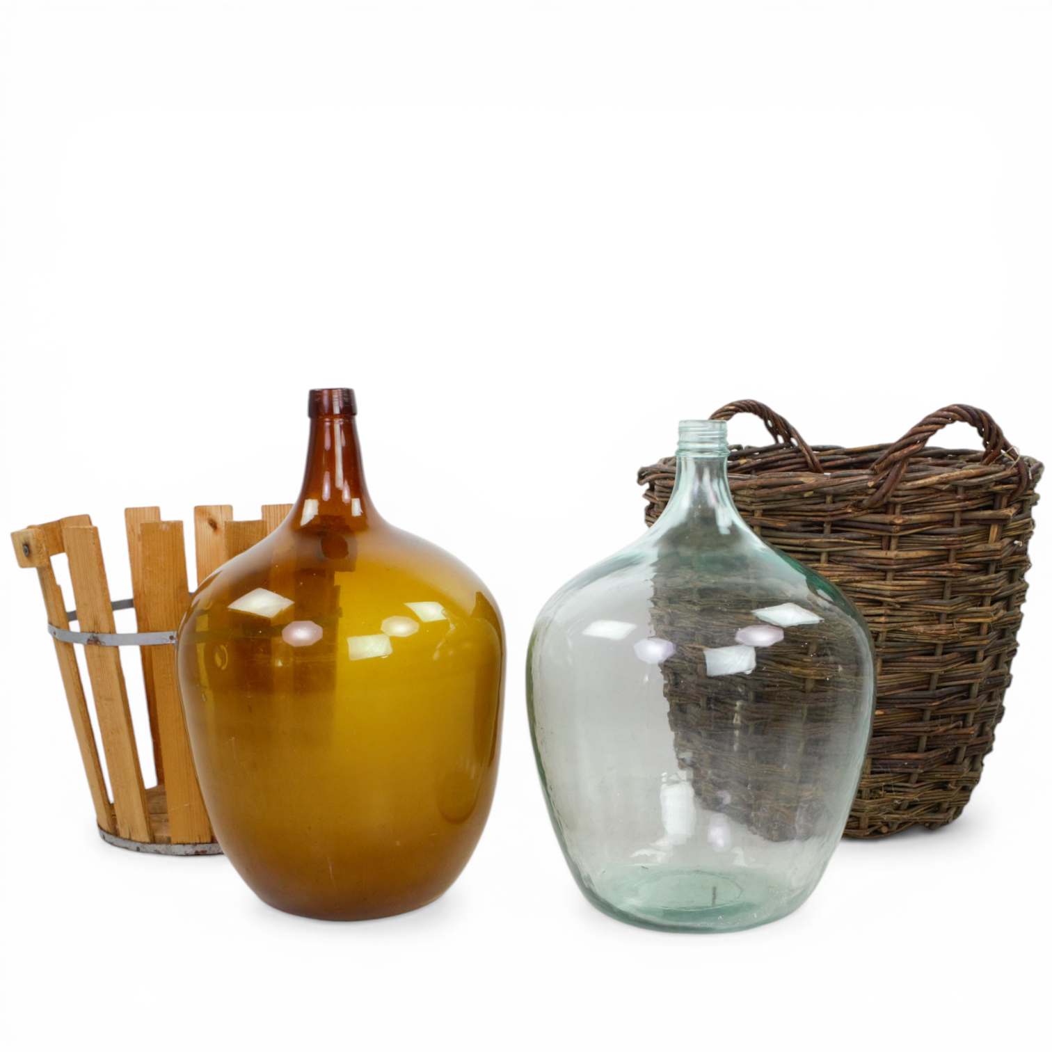 DAMEJEANNE, 2 st, i träställning och videkorg, glas, trä, 1900-tal.