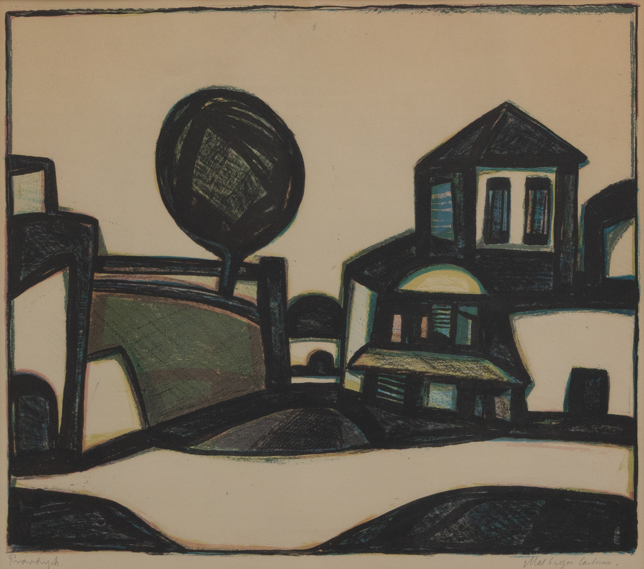 MAX GREGOR CARLSSON. Hus med träd, litografi, provtryck, signerad.