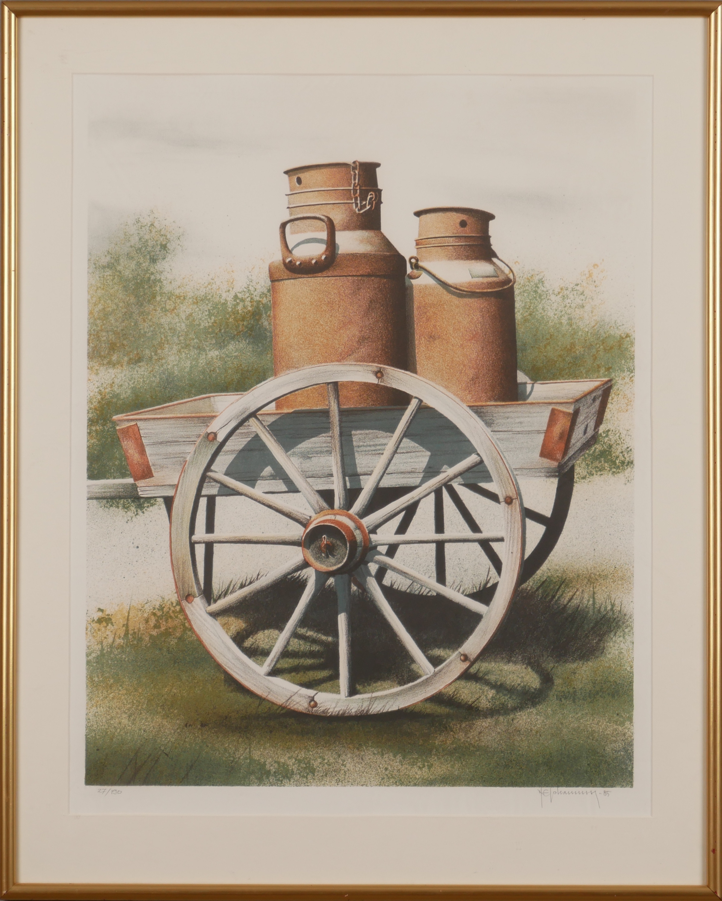 NILS ERIK JOHANSSON. Mjölkvagnen, färglitografi, signerad.