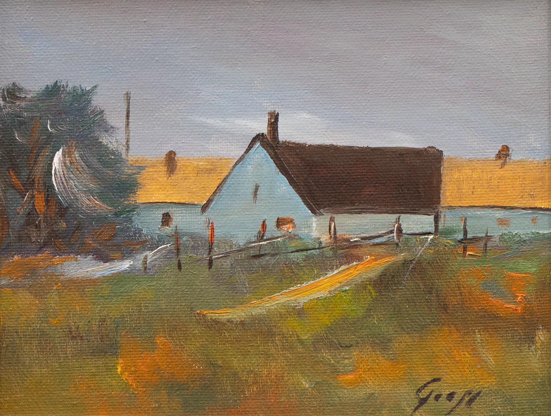 OIDENTIFIERAD KONSTNÄR. Gård i landskap, olja på pannå, otydlig signatur.